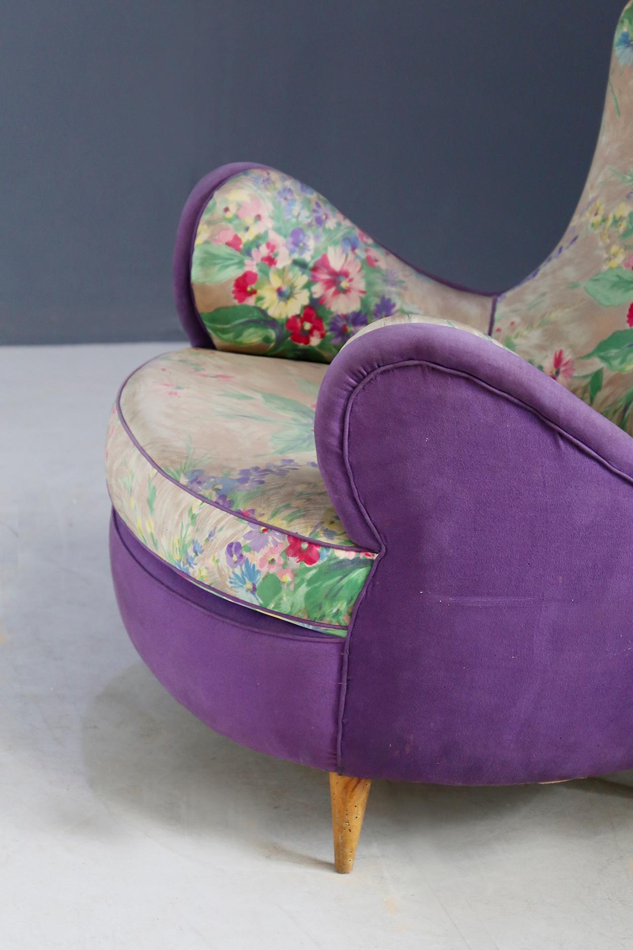 Wood Pair of Midcentury Armchairs Attributed to Rito Valla Fabric Fede Cheti Purple