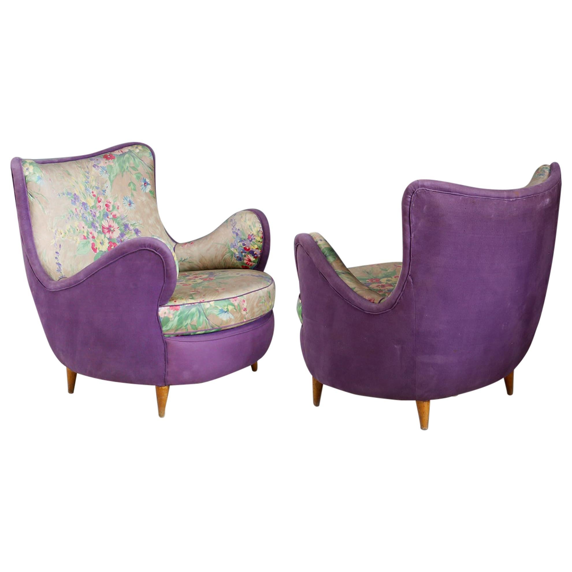 Pair of Midcentury Armchairs Attributed to Rito Valla Fabric Fede Cheti Purple