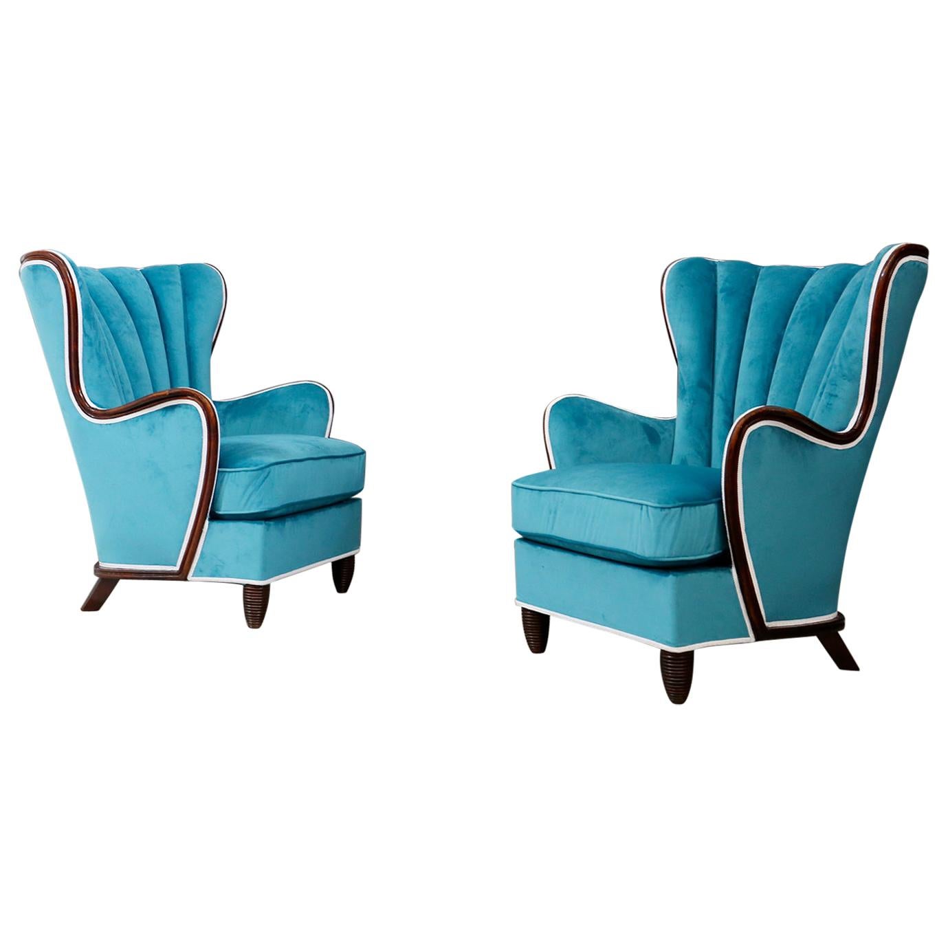 Pair of Midcentury Armchairs Blue Velvet Attributed to Paolo Buffa, 1950s