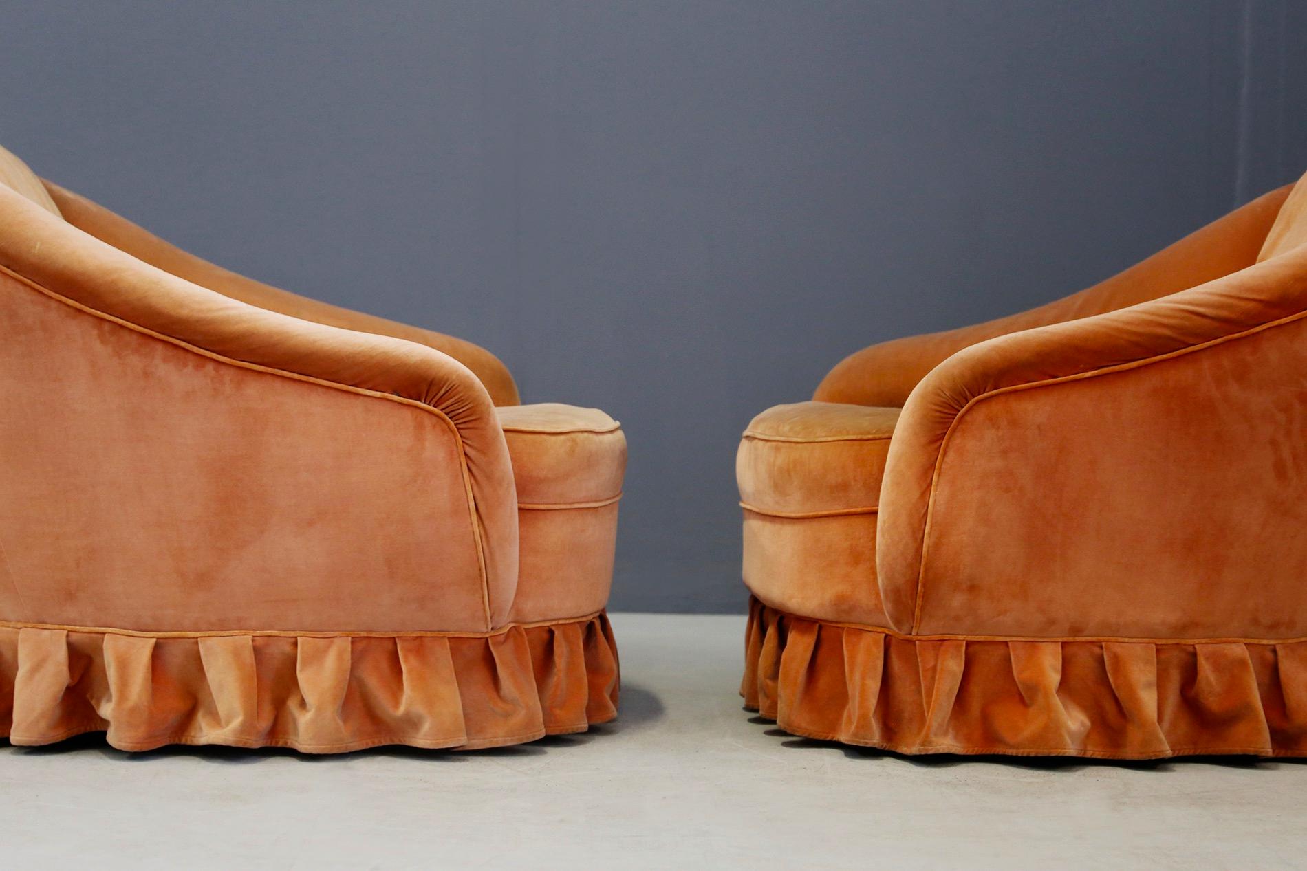 Mid-Century Modern Pair of Midcentury Armchairs by Gio Ponti in Orange Original Velvet, 1930s