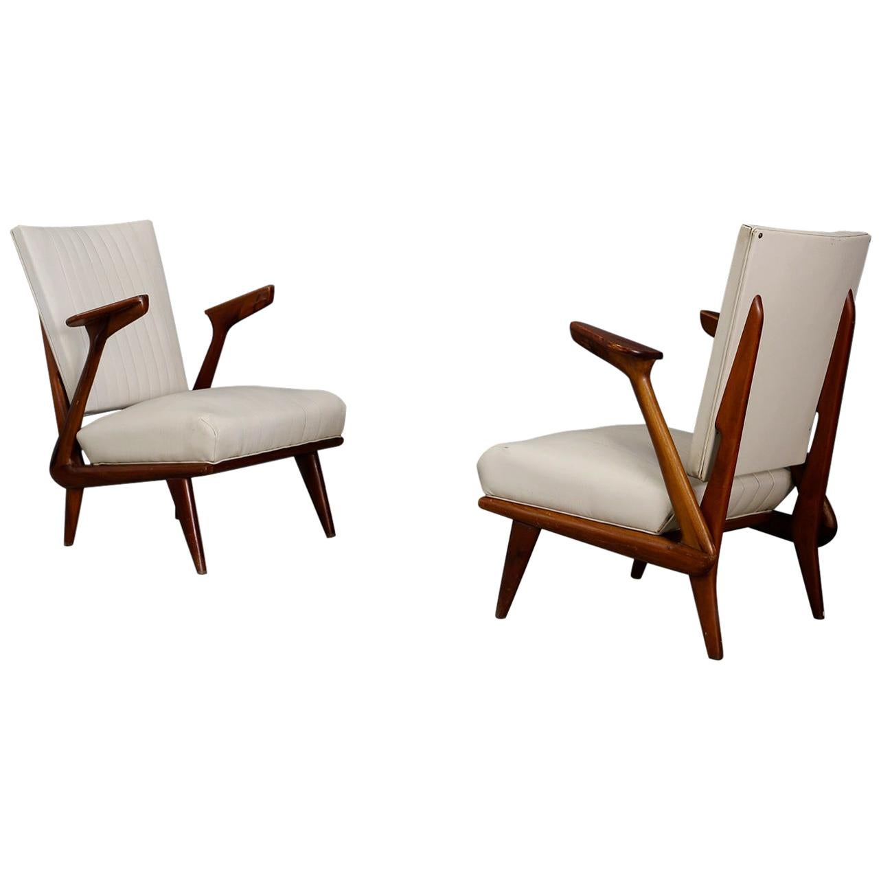 Pair of Midcentury Armchairs by Giuseppe Scapinelli in Solid Wood, 1950s