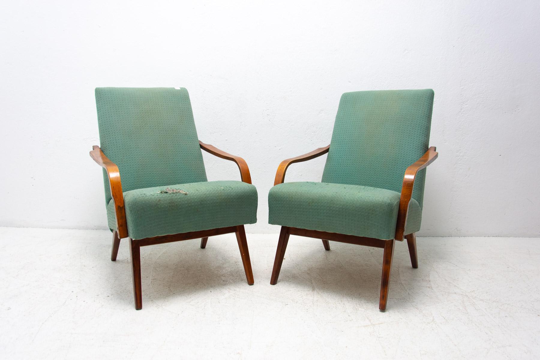 These bentwood armchairs were designed by Jaroslav Šmídek and made in the former Czechoslovakia in the 1960´s.

The chairs are stable and comfortable. They are in good structure condition, the upholstery showing significant signs of age and using