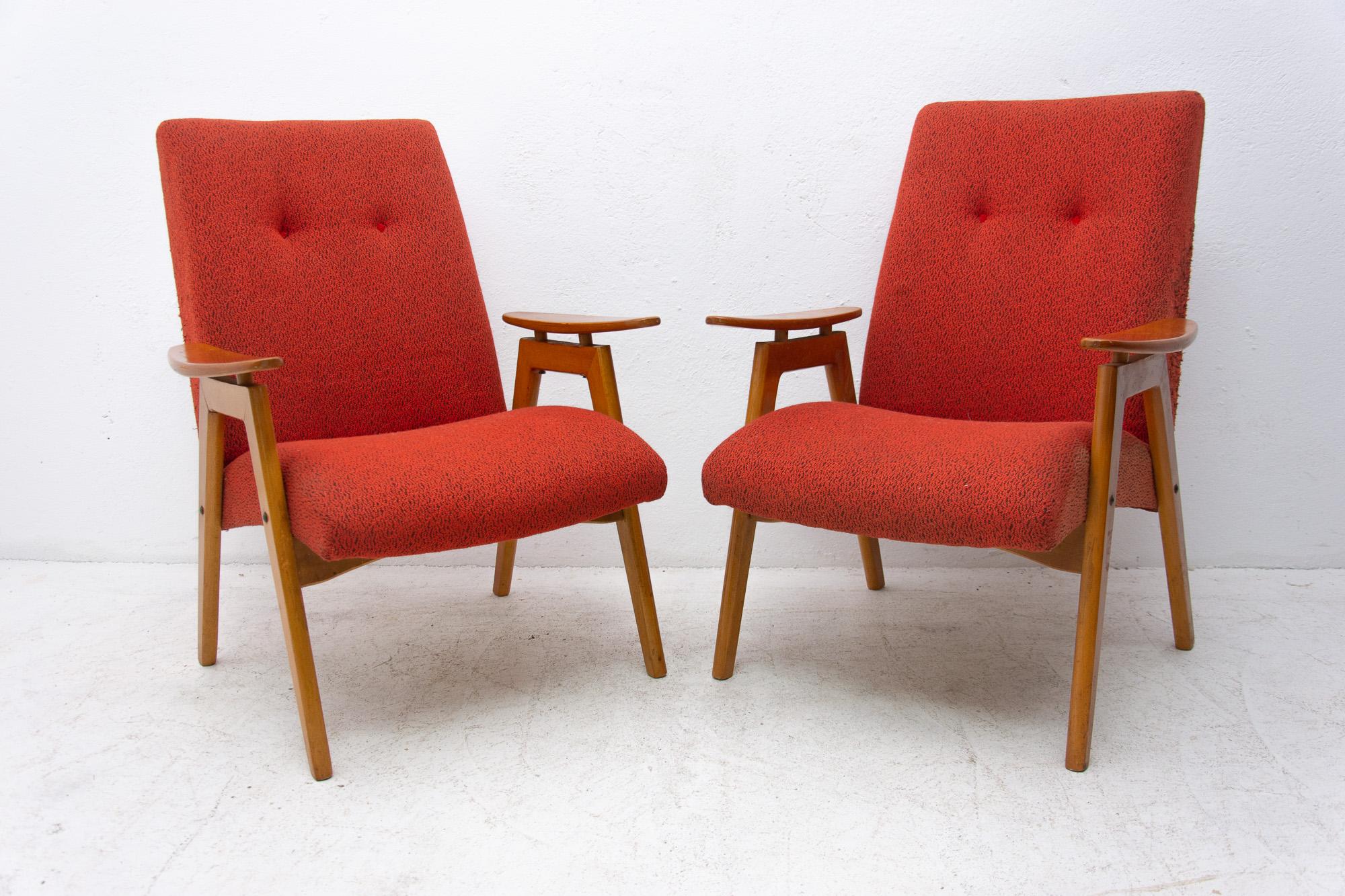These bentwood armchairs were designed by Jaroslav Šmídek and made by JITONA company in the former Czechoslovakia in the 1960s.

The chairs are stable and comfortable. They are in good Vintage condition, showing slight signs of age and