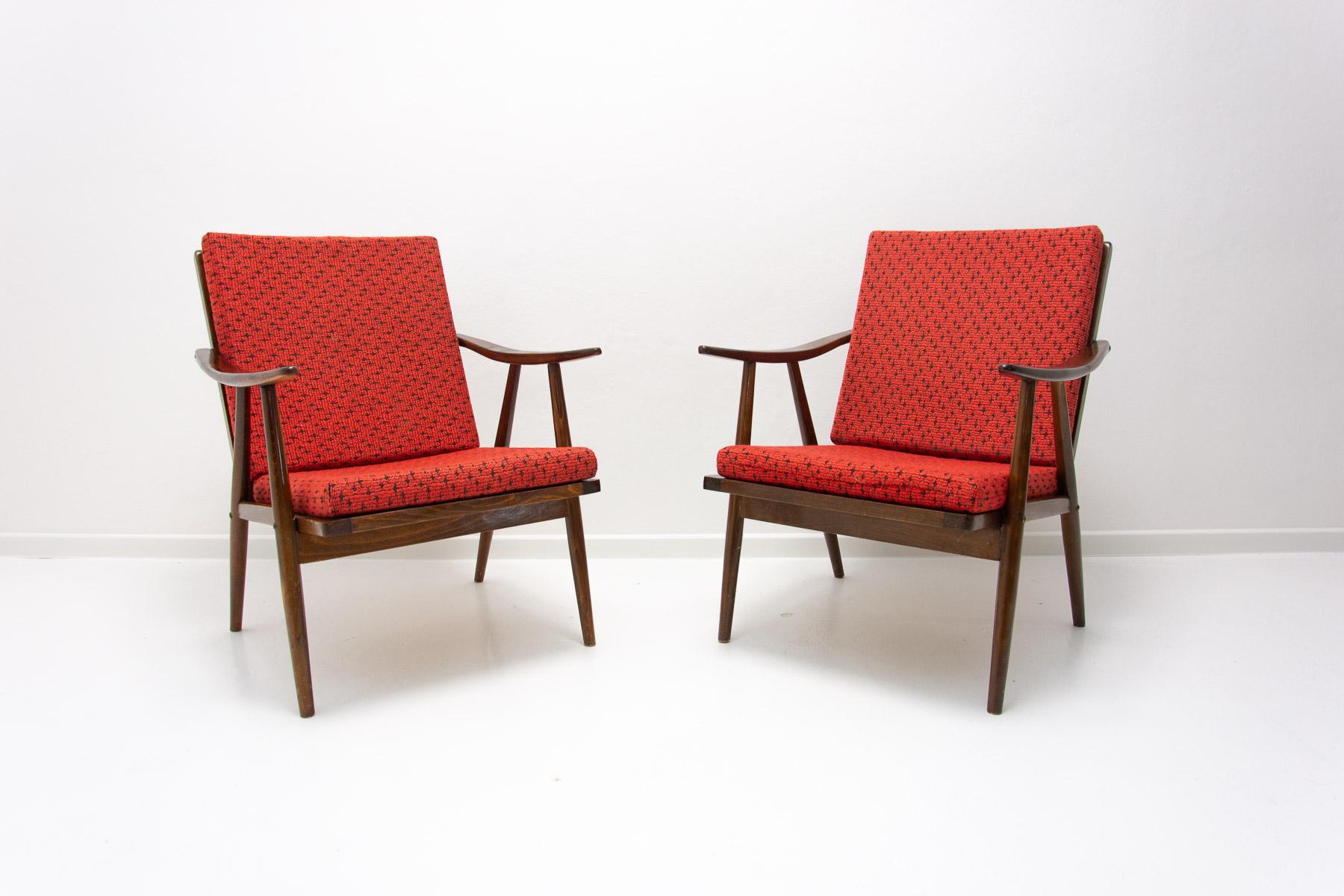 These armchairs were designed by Jaroslav Šmídek for TON company and made in the former Czechoslovakia in the 1970s. They are made of beechwood.

The chairs are stable and comfortable, the springs under the seat are firm and stable.

The chairs