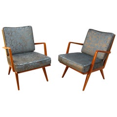 Pair of Armchairs by Knoll, Cherrywood, Blue/Silver Fabric, Germany, 1950s