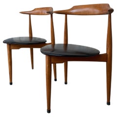 Pair of Midcentury Armchairs in Solid Cherrywood with Leather Seat