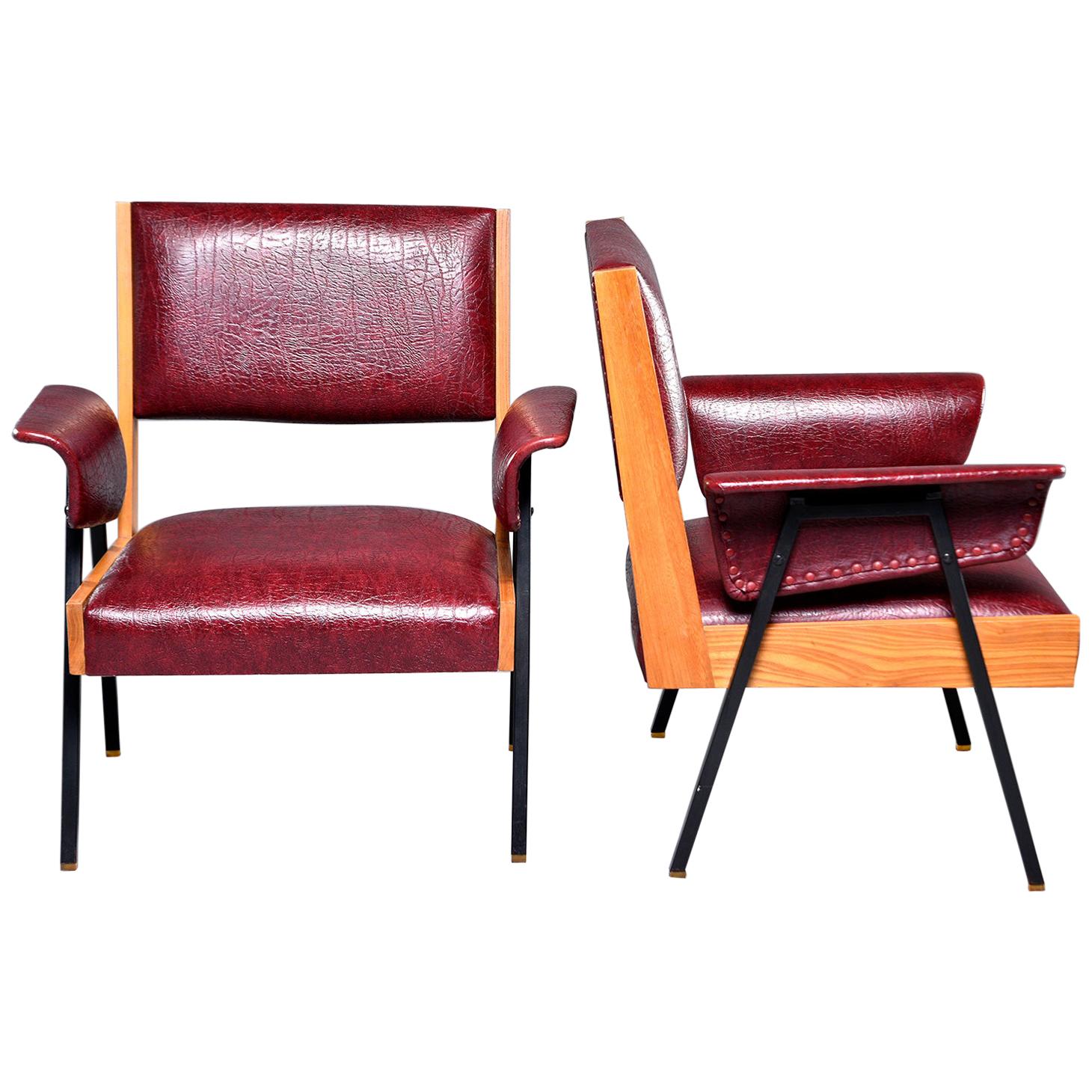 Pair of Midcentury Armchairs with Wood Frames and Metal Legs