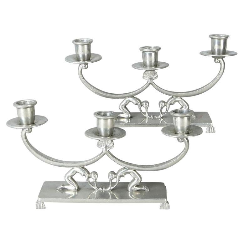 Pair of Midcentury Art Deco Pewter Swedish Candlestick Holders