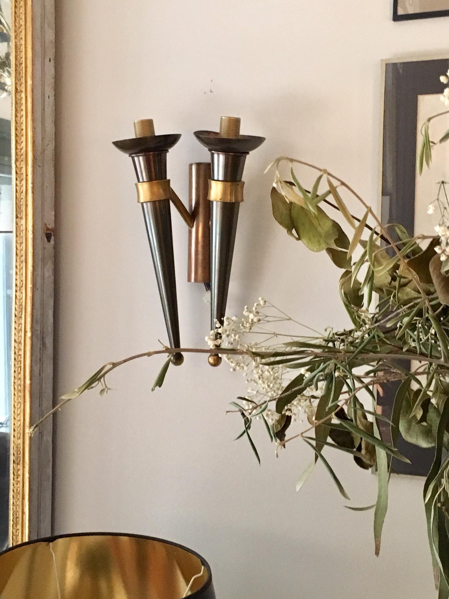 Pair of Midcentury Art Deco Style Double Torchère Wall Sconces 3