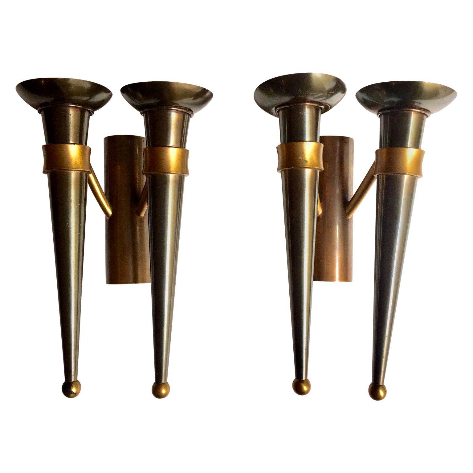 Pair of Midcentury Art Deco Style Double Torchère Wall Sconces