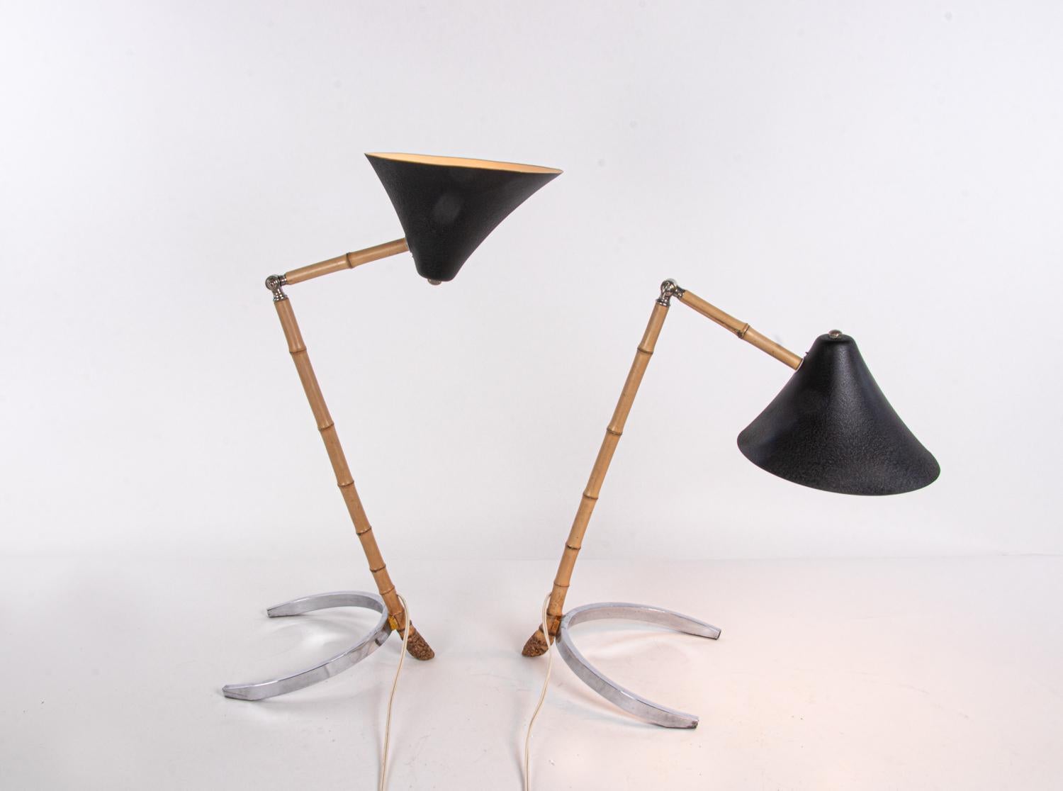 Austrian Pair of Mid Century Articulated Bamboo Table Lamps, Vienna, 1950s For Sale
