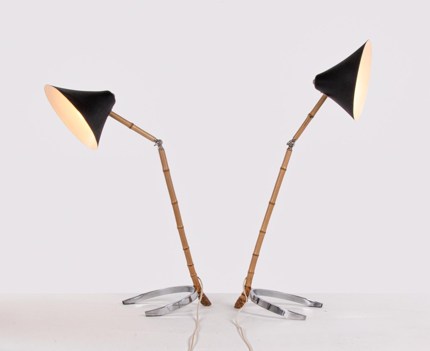 20th Century Pair of Mid Century Articulated Bamboo Table Lamps, Vienna, 1950s For Sale