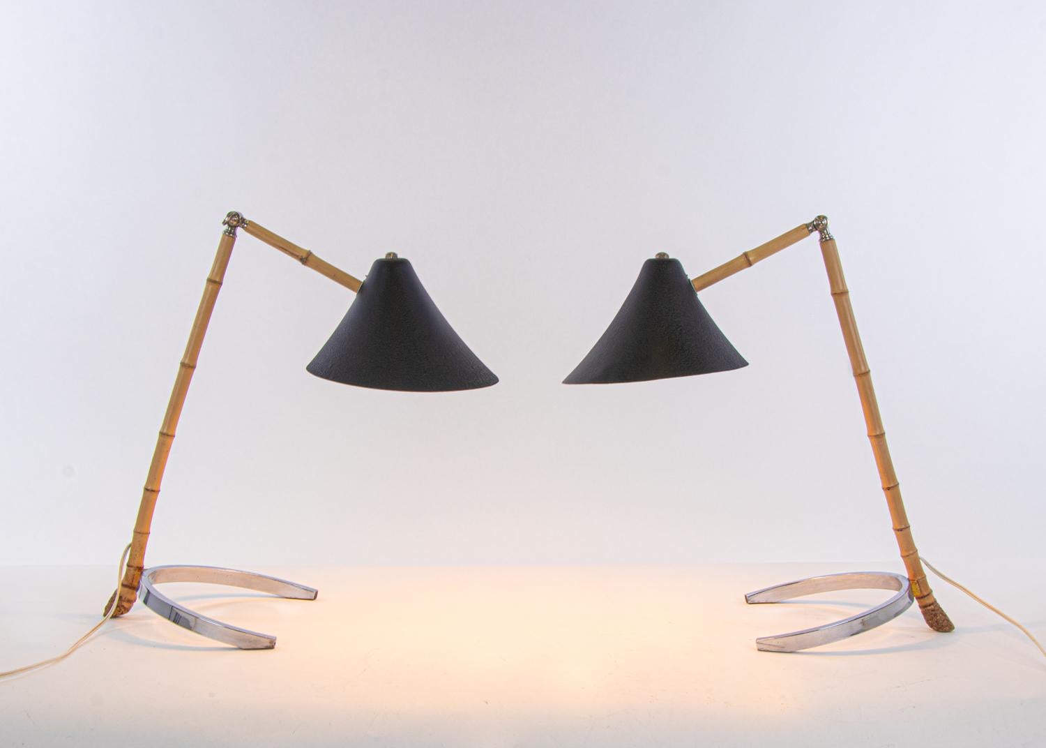 Aluminum Pair of Mid Century Articulated Bamboo Table Lamps, Vienna, 1950s For Sale