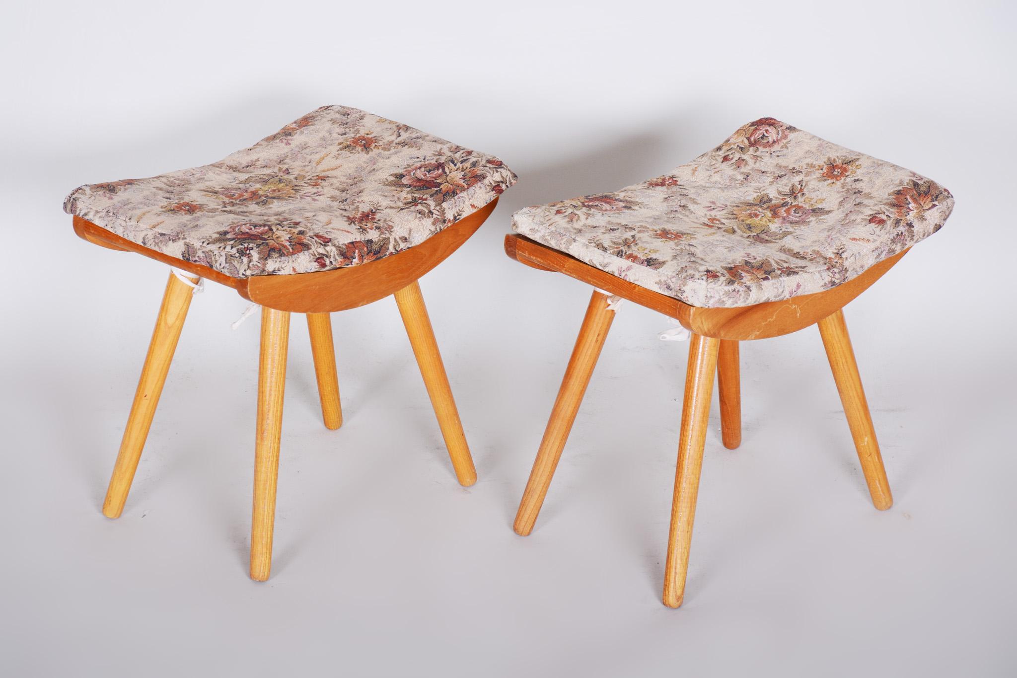 Czech Pair of Midcentury Ash Stools, 1960s, Original Preserved Condition For Sale