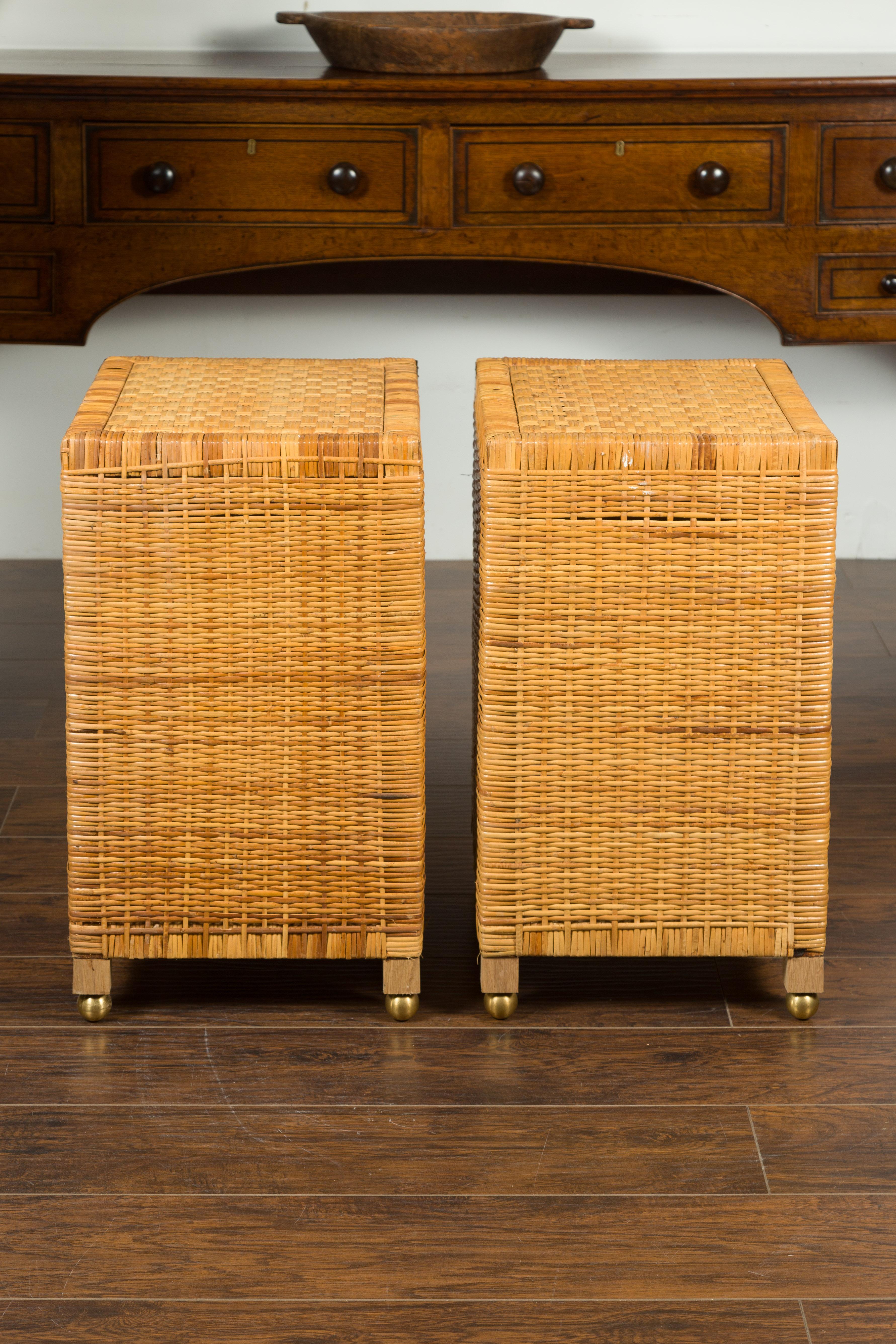 Pair of Midcentury Asian Rattan Bedside Tables with Drawers and Brass Accents 2