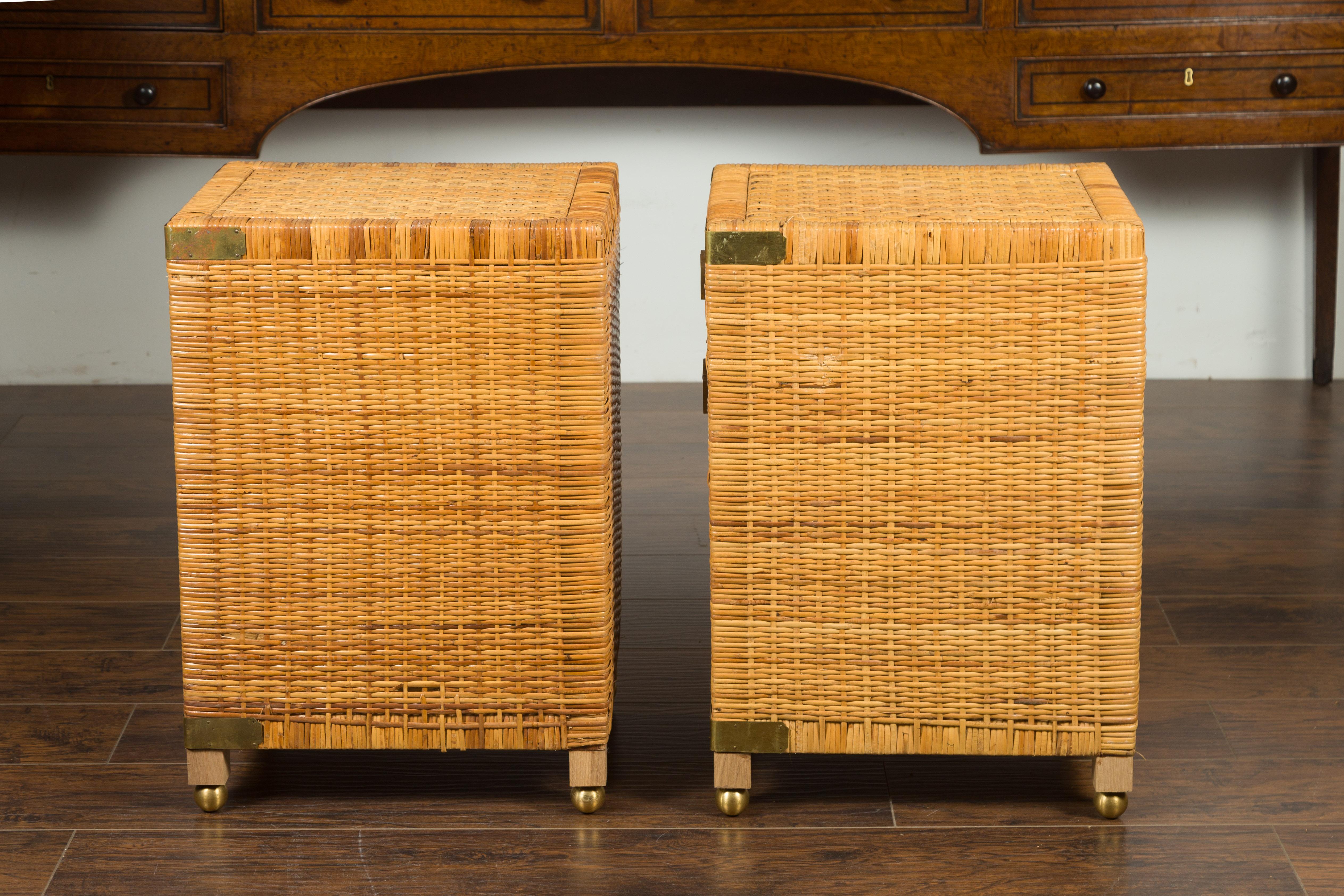 Pair of Midcentury Asian Rattan Bedside Tables with Drawers and Brass Accents 3