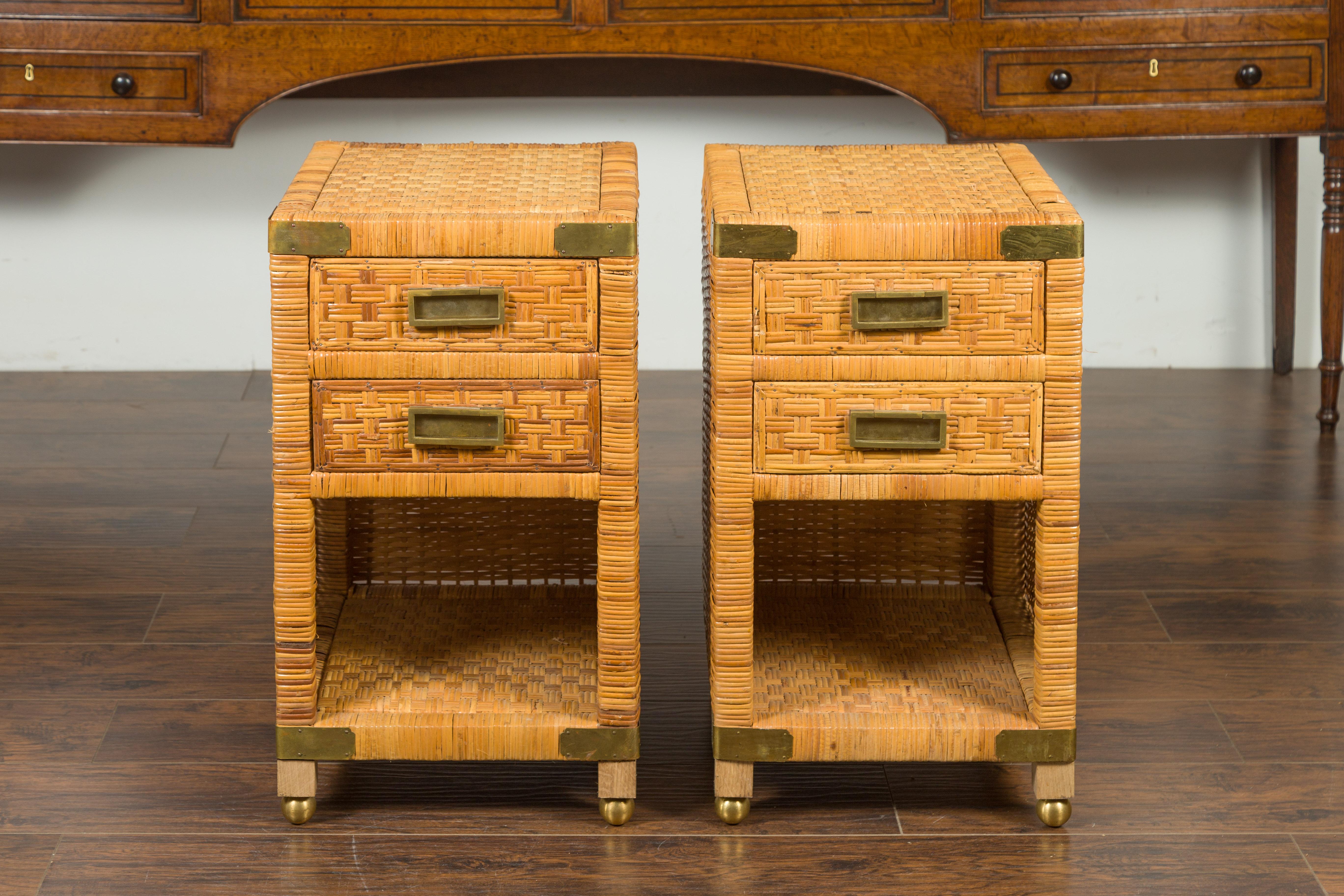 Pair of Midcentury Asian Rattan Bedside Tables with Drawers and Brass Accents 4