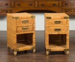 Pair of Midcentury Asian Rattan Bedside Tables with Drawers and Brass Accents