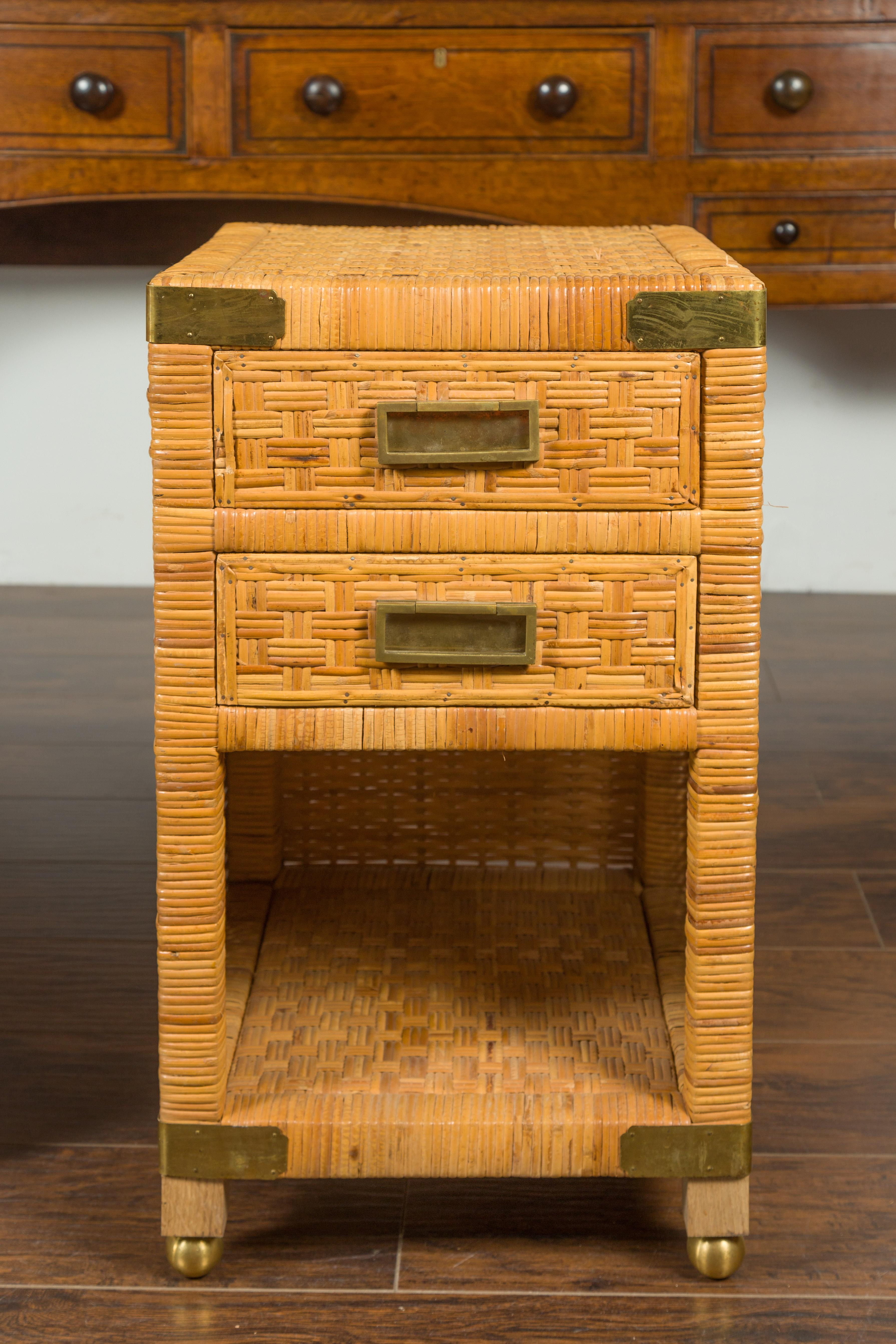 Pair of Midcentury Asian Rattan Bedside Tables with Drawers and Brass