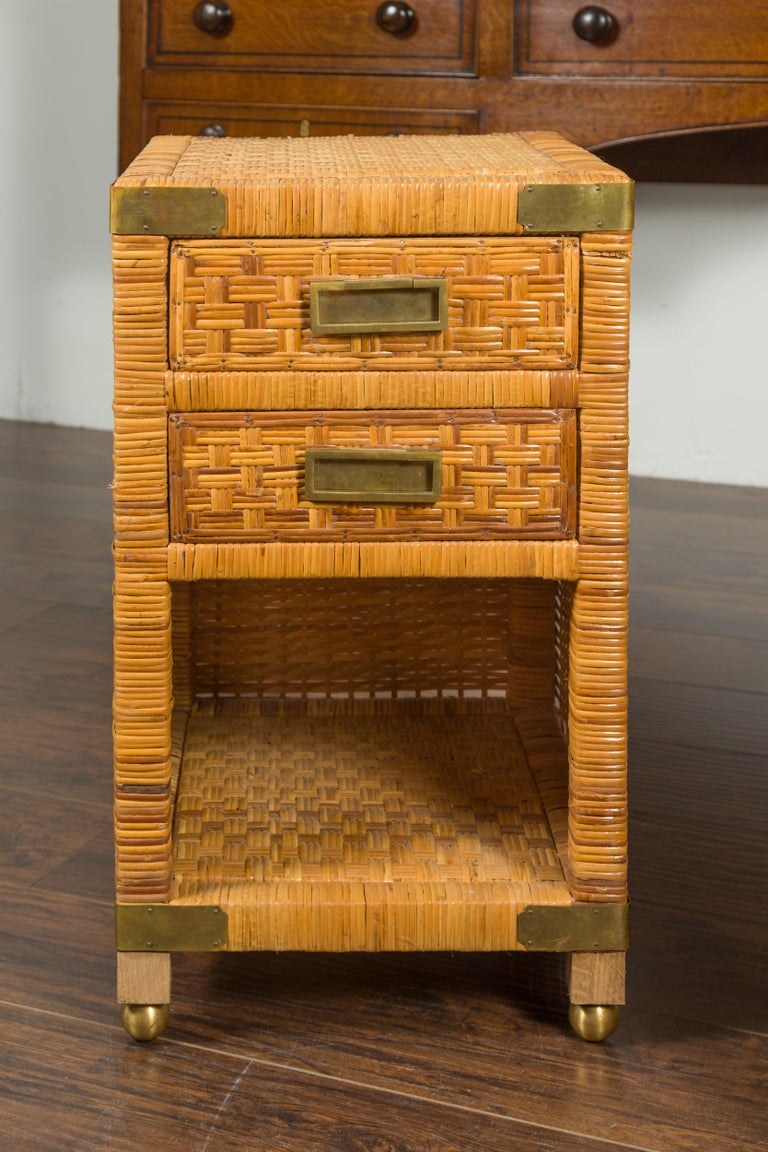 Pair of Midcentury Asian Rattan Bedside Tables with Drawers and Brass Accents For Sale at 1stDibs