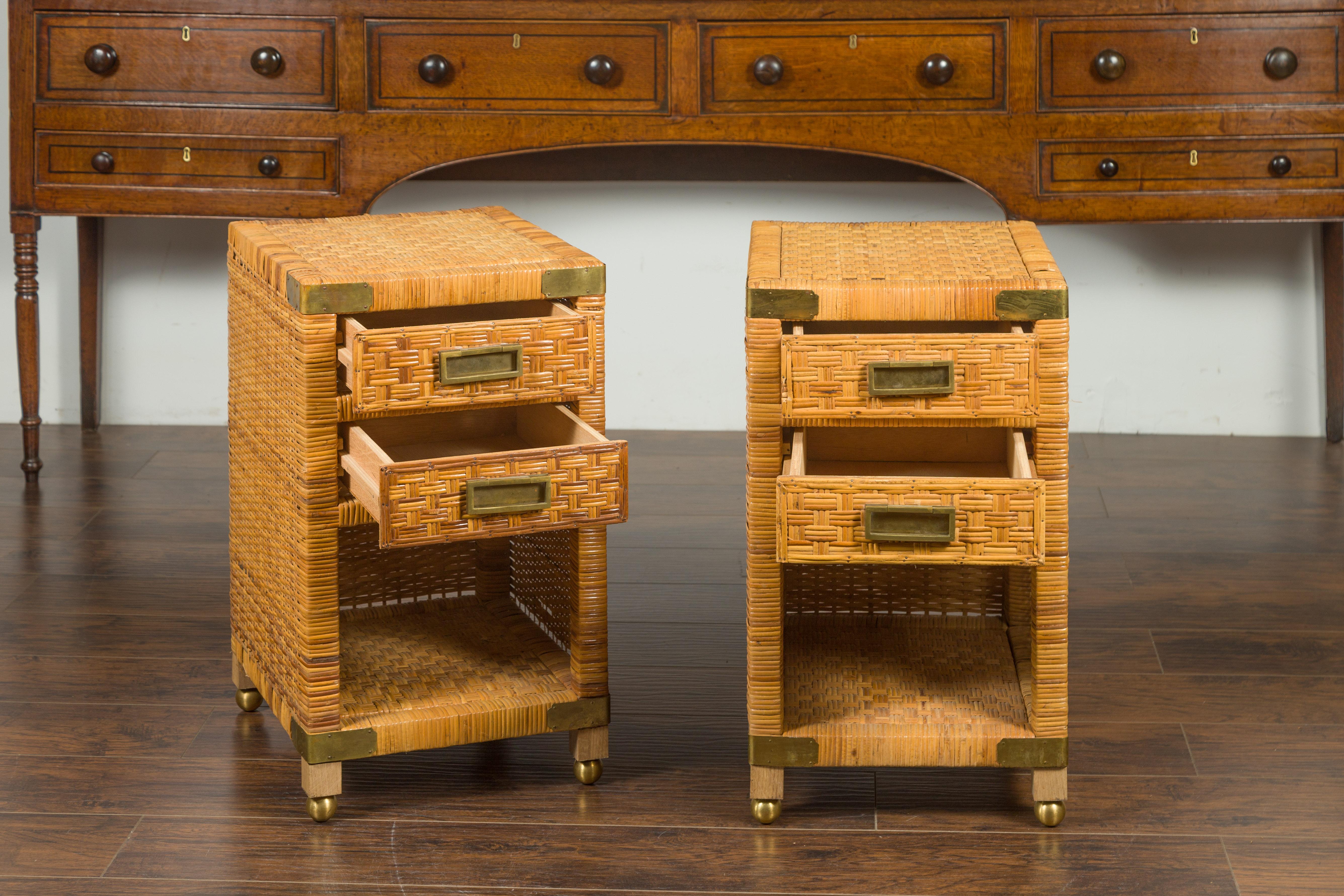 20th Century Pair of Midcentury Asian Rattan Bedside Tables with Drawers and Brass Accents