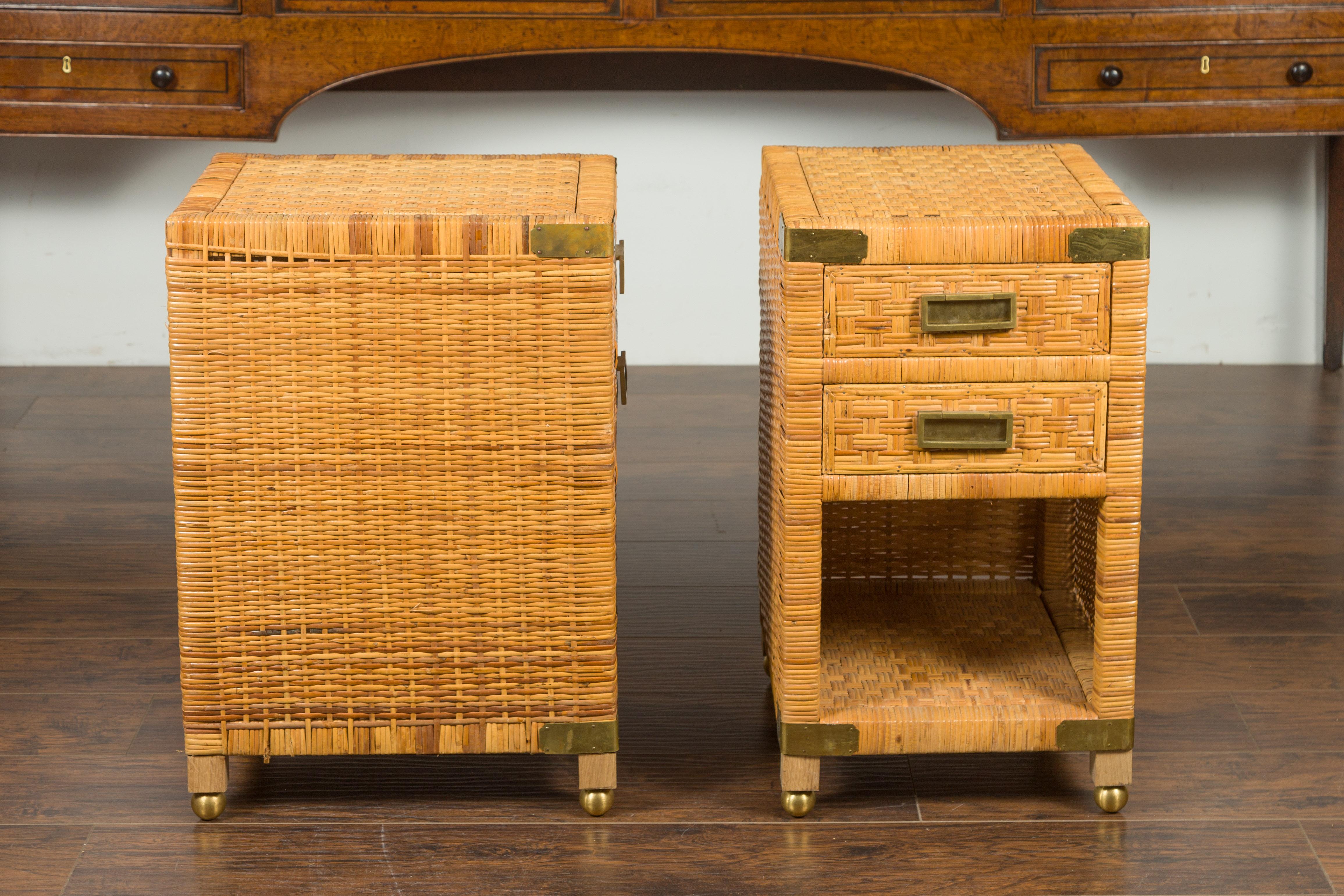 Pair of Midcentury Asian Rattan Bedside Tables with Drawers and Brass Accents 1