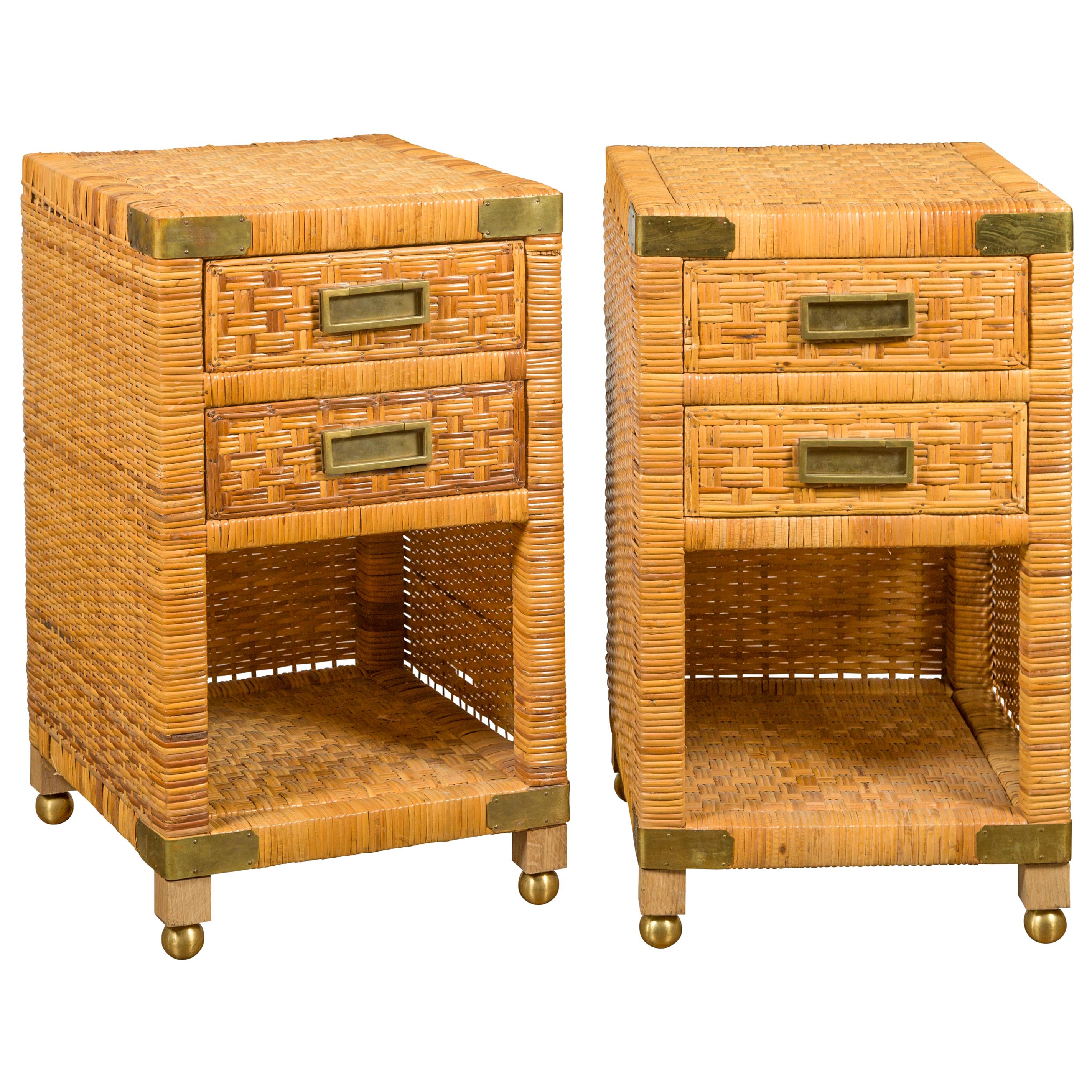 Pair of Midcentury Asian Rattan Bedside Tables with Drawers and Brass Accents