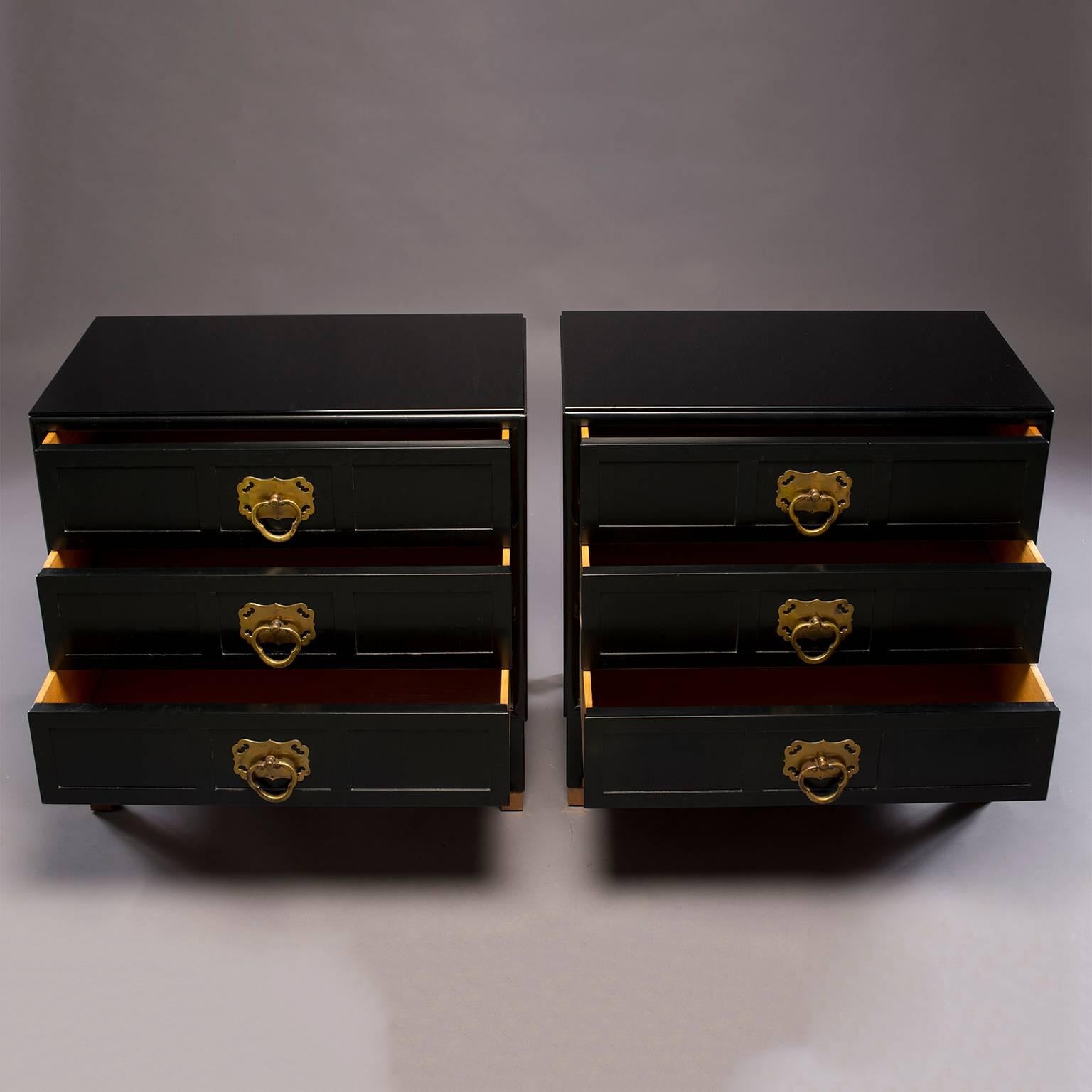 Lacquered Pair of Midcentury Asian Style Three Drawer Chests