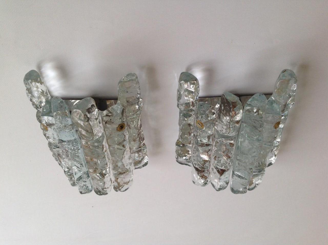 Metal Pair of Midcentury Austrian Ice Glass Wall Sconces by Kalmar, 1970s