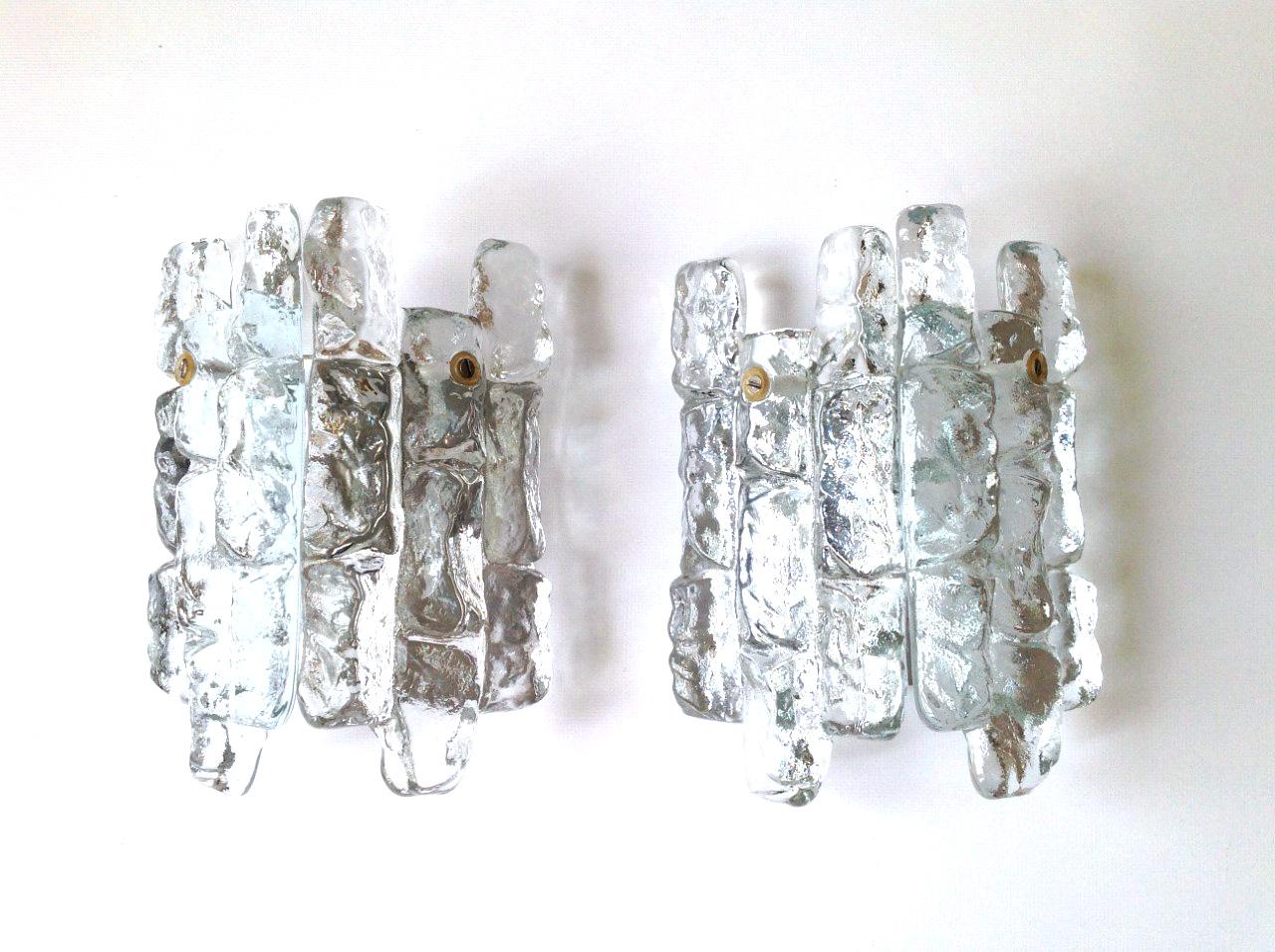Pair of Midcentury Austrian Ice Glass Wall Sconces by Kalmar, 1970s 3