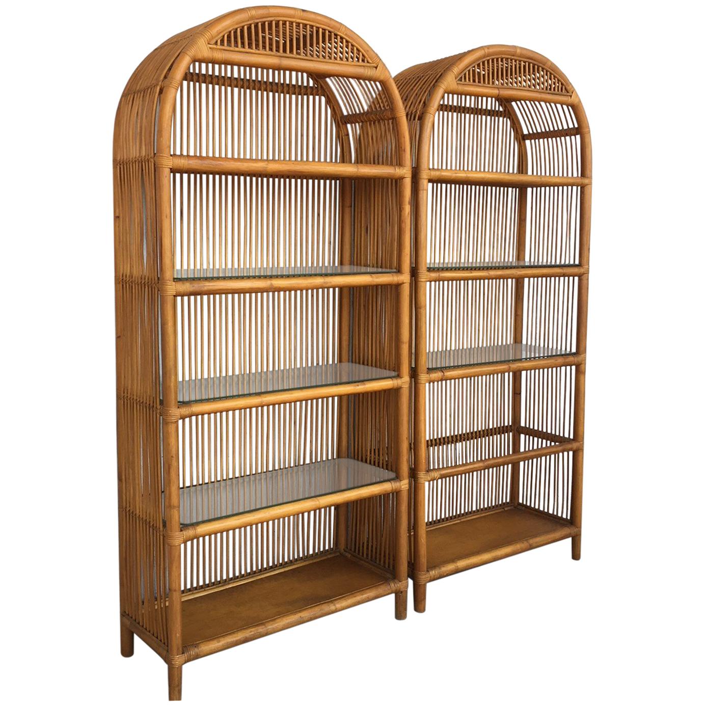 Pair of Midcentury Bamboo and Glass Étagères, in the Style of Maison Baguès