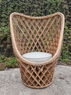 Pair of Mid‑Century Bamboo and Rattan High‑Back Sculptural Lounge Chairs, Italy
