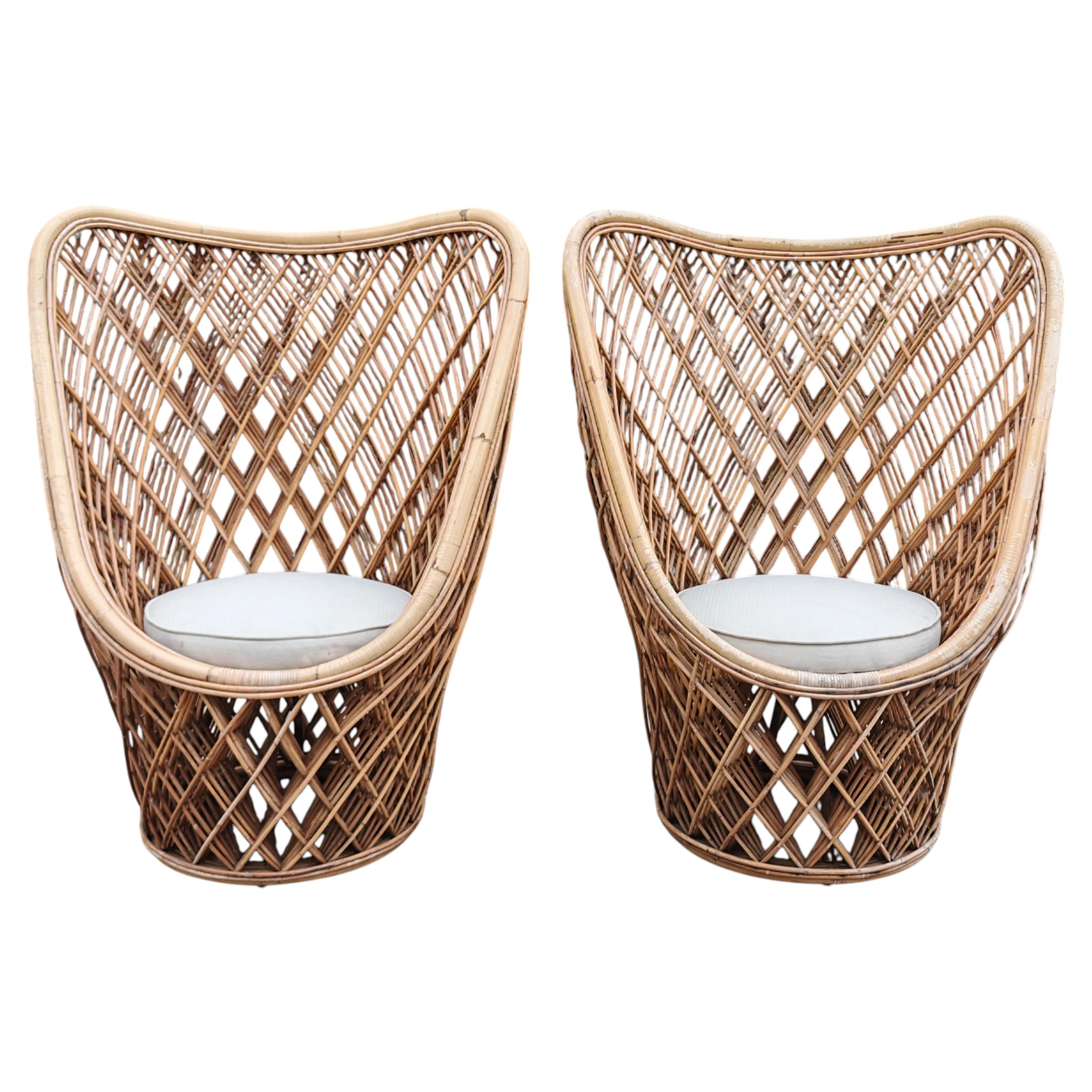 Pair of Mid‑Century Bamboo and Rattan High‑Back Sculptural Lounge Chairs, Italy