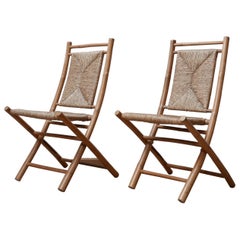 Retro Pair of Midcentury Bamboo and Rush Foldable Chairs