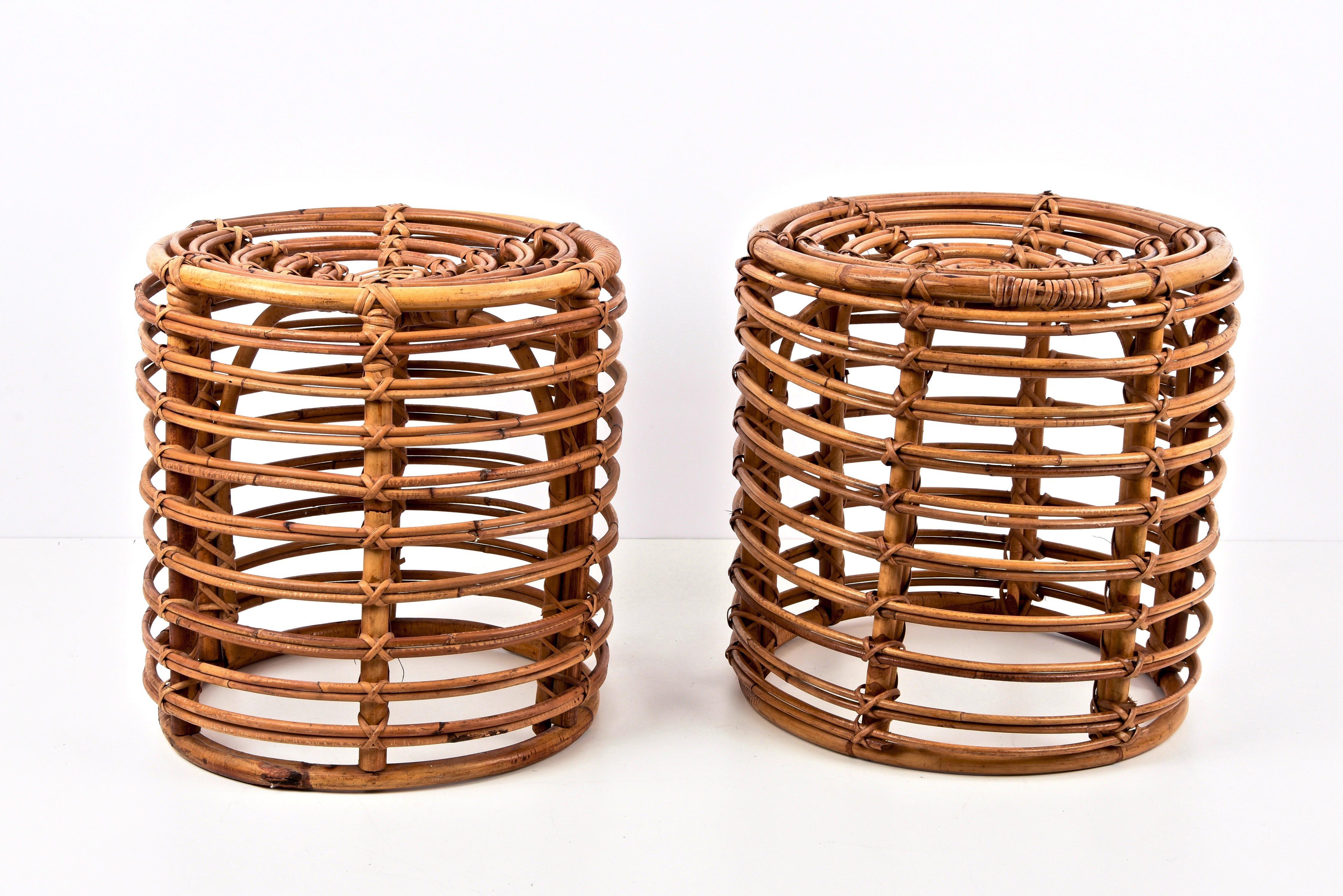 Pair of Midcentury Bamboo and Wicker Italian Pouf Stools, 1960s 5