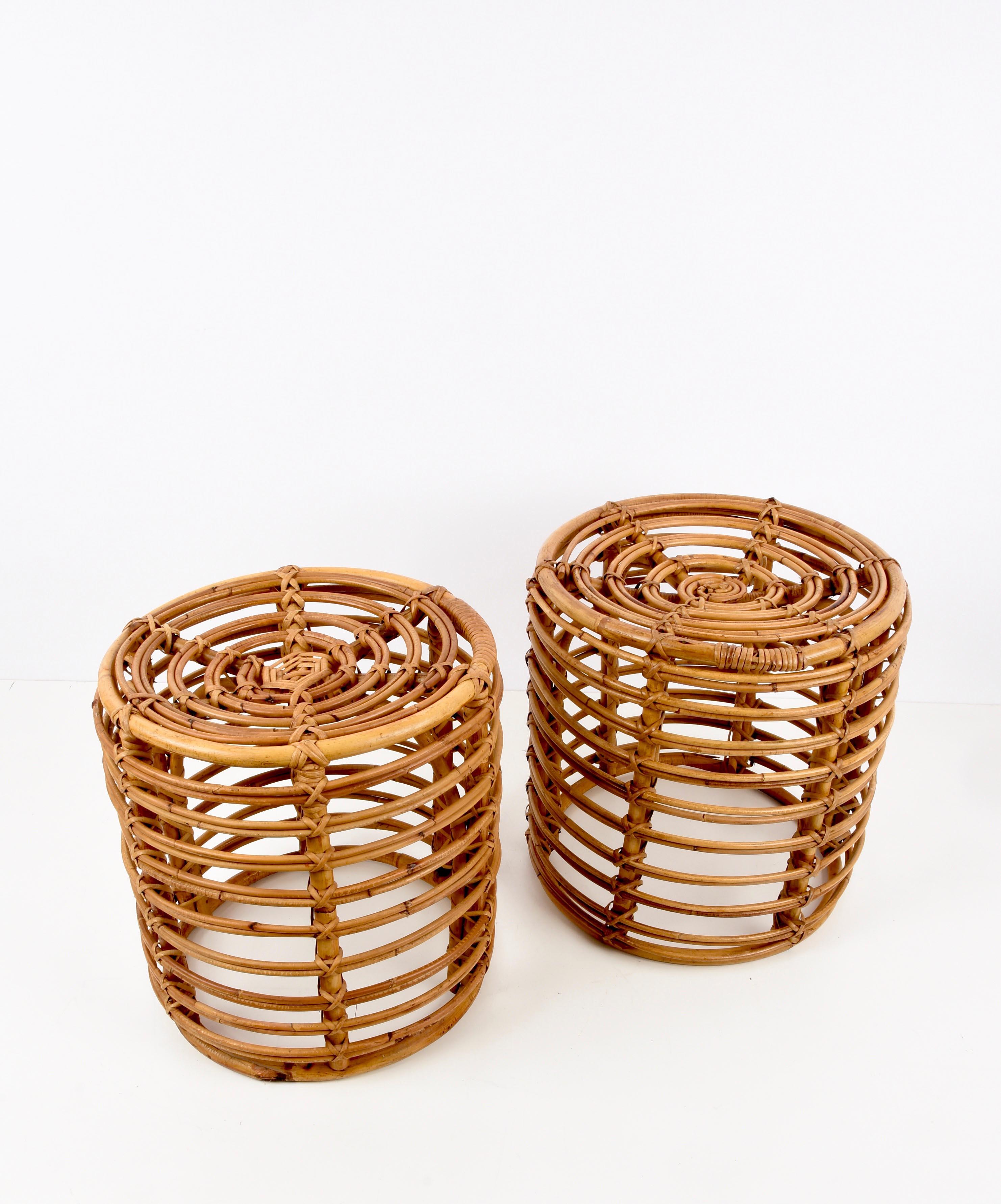 20th Century Pair of Midcentury Bamboo and Wicker Italian Pouf Stools, 1960s
