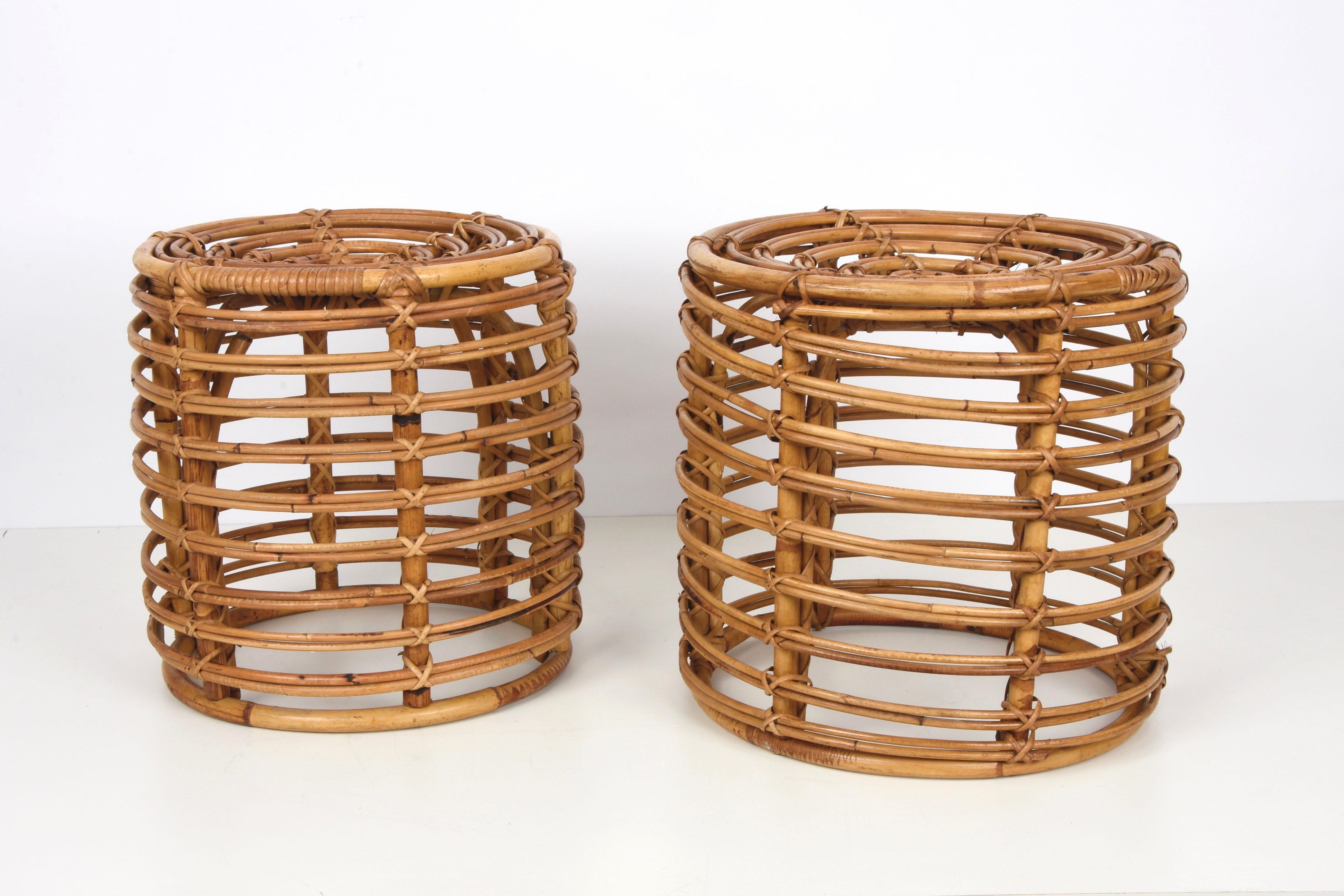 Pair of Midcentury Bamboo and Wicker Italian Pouf Stools, 1960s 1