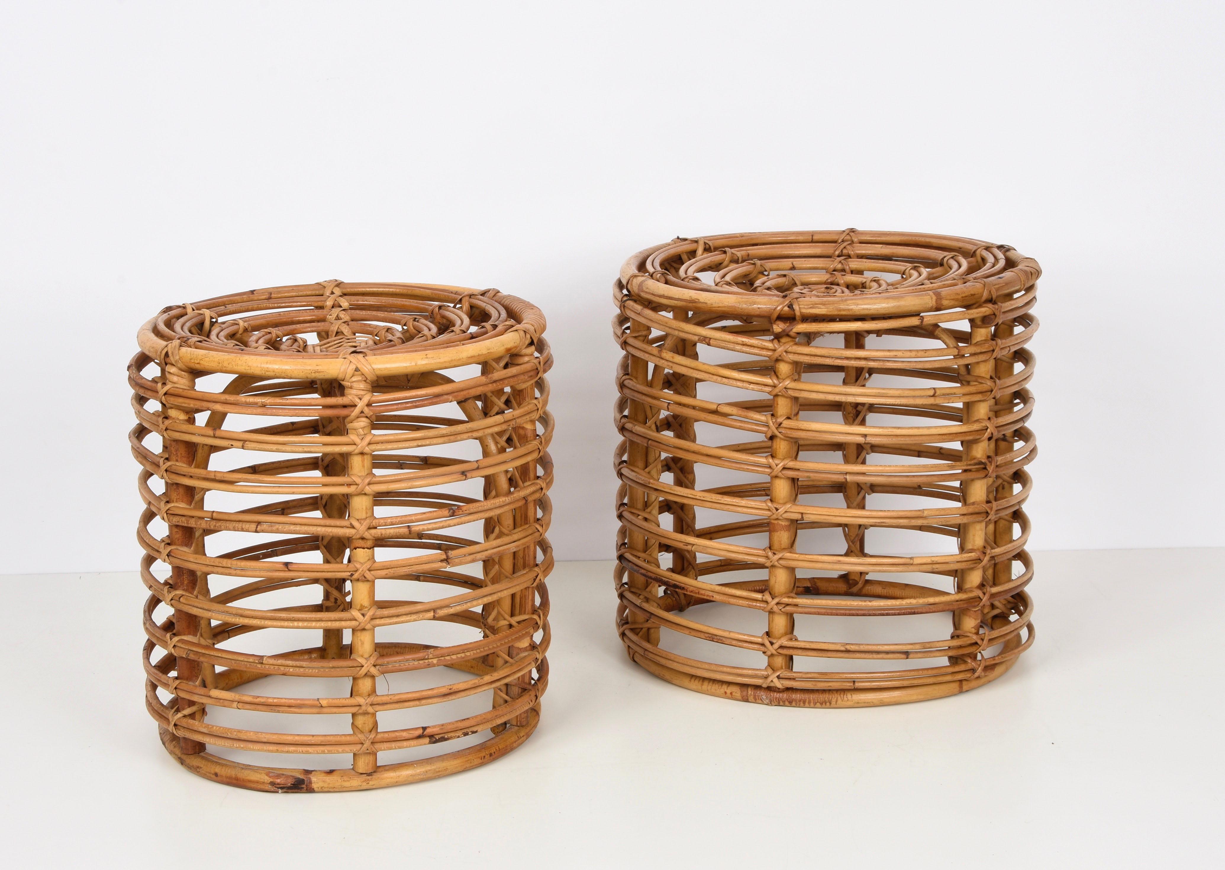 Pair of Midcentury Bamboo and Wicker Italian Pouf Stools, 1960s 2
