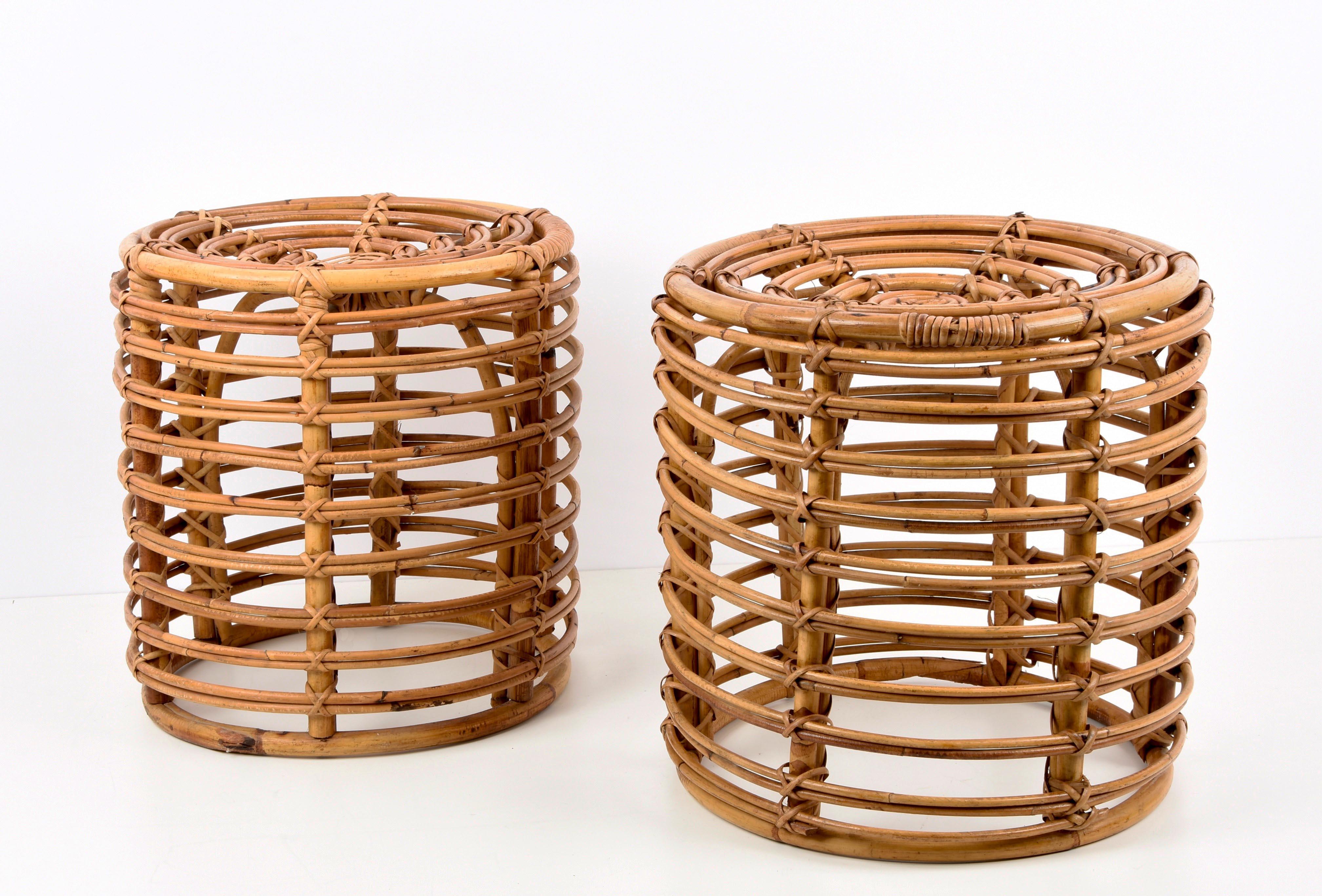 Pair of Midcentury Bamboo and Wicker Italian Pouf Stools, 1960s 3