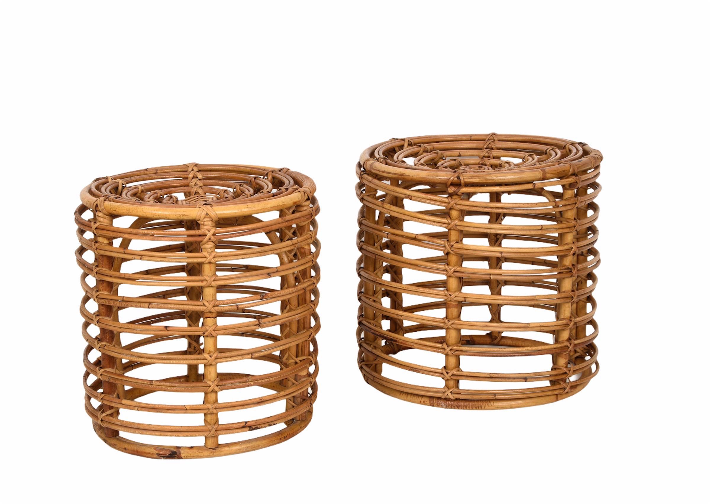 Pair of Midcentury Bamboo and Wicker Italian Pouf Stools, 1960s 4