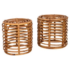 Pair of Midcentury Bamboo and Wicker Italian Pouf Stools, 1960s