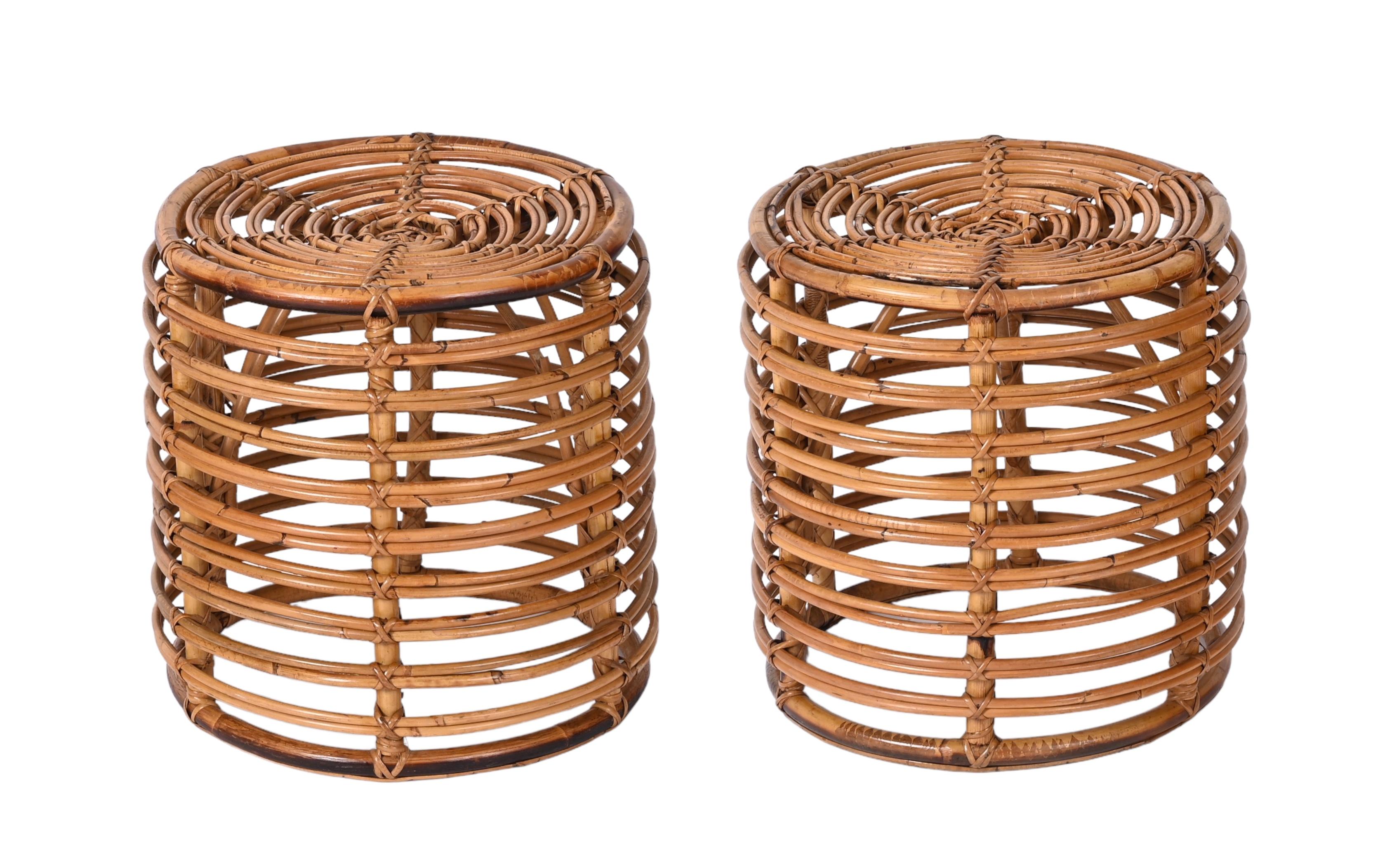 Pair of Midcentury Tito Agnoli Bamboo and Wicker Italian Pouf Stools Italy 1960s 6