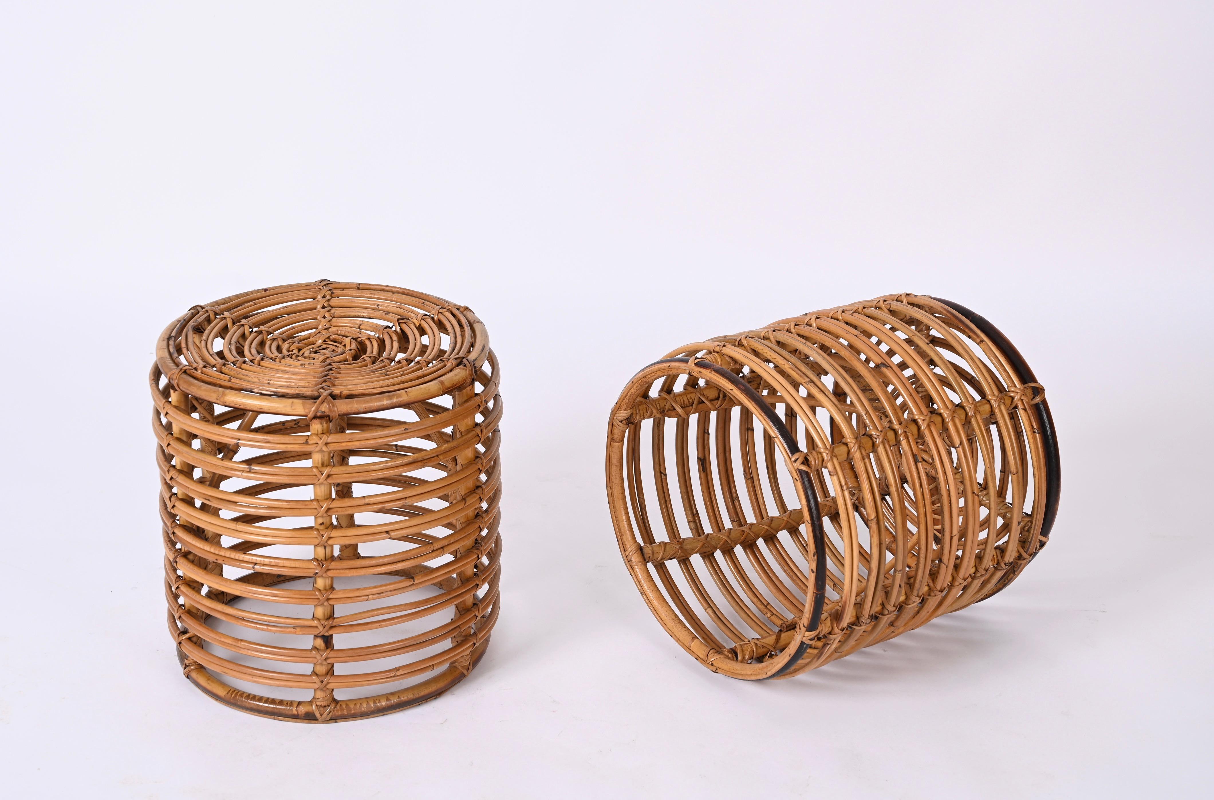 Pair of Midcentury Tito Agnoli Bamboo and Wicker Italian Pouf Stools Italy 1960s In Good Condition In Roma, IT