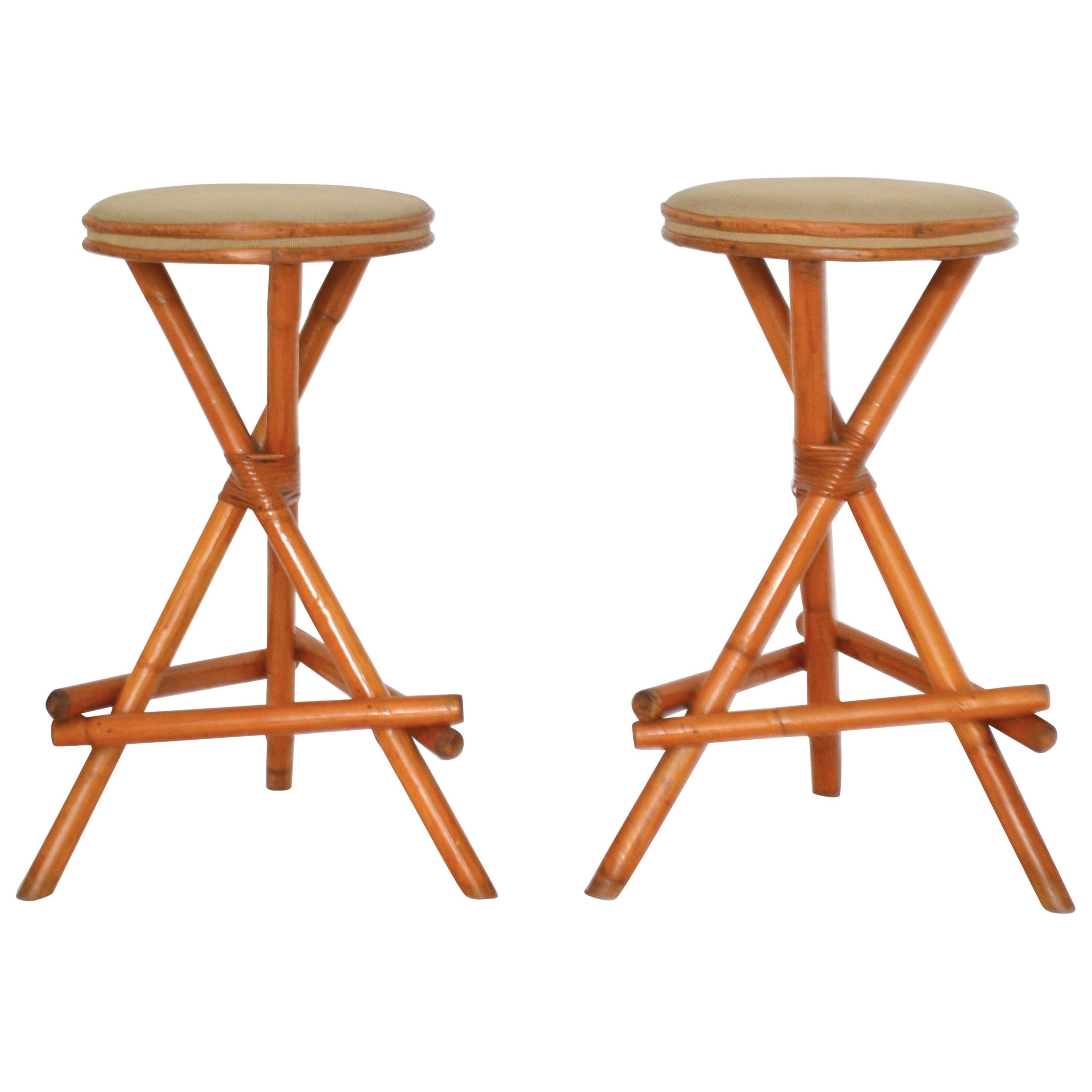 Pair of Midcentury Bamboo Barstools For Sale