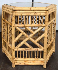 Pair of Midcentury Bamboo Chippendale Hexagonal Side Tables