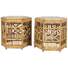 Pair of Midcentury Bamboo Chippendale Hexagonal Side Tables