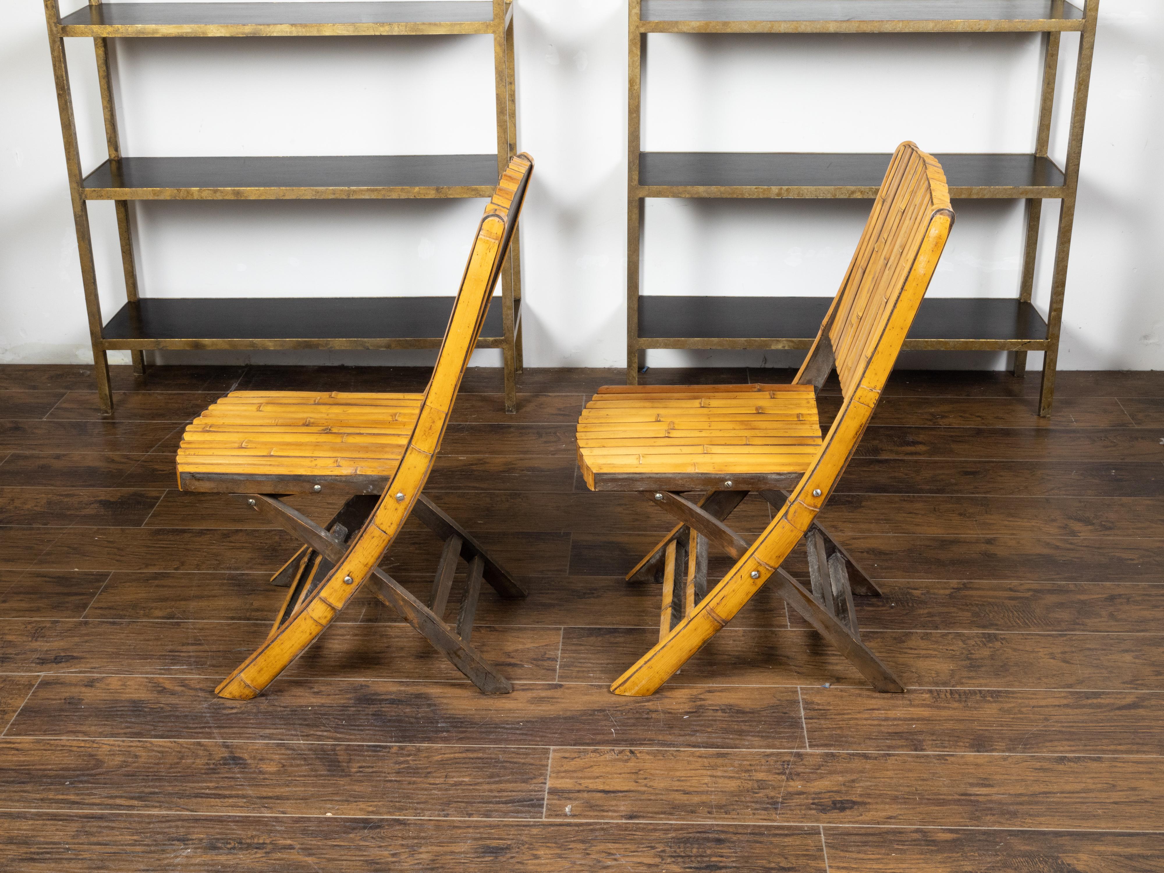 Pair of Midcentury Bamboo Folding Chairs with Slatted Design and Light Patina For Sale 3