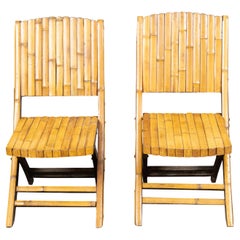 Vintage Pair of Midcentury Bamboo Folding Chairs with Slatted Design and Light Patina