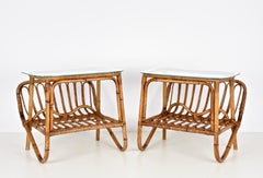 Pair of Midcentury Bamboo Italian Magazine Rack Tables with Glass Shelf, 1960s