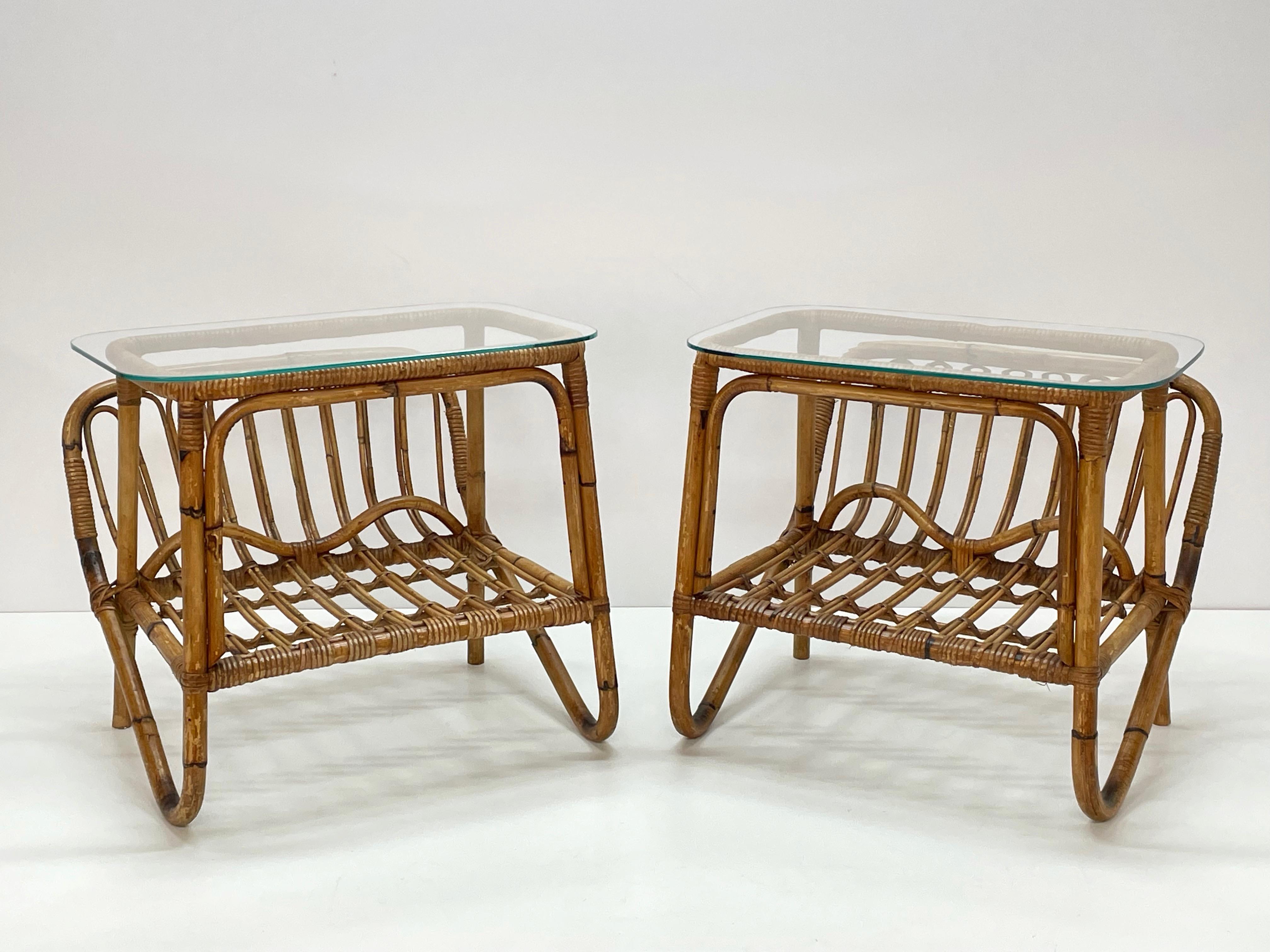 Mid-Century Modern Pair of Midcentury Bamboo Italian Magazine Rack Tables with Glass Shelf, 1960s